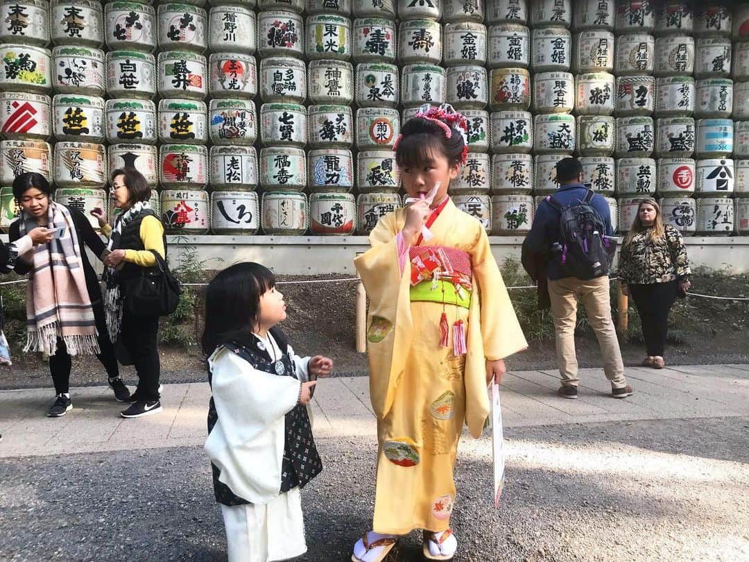 omatsuriccoのインスタグラム：「#今日のドルジ 2019.11.9 ・  Shichigosan to celebrate the growth of children👘 ・ データもらったら綺麗な写真をupさせてください🤣 ・ 千歳飴を舐める姉と 欲しがる弟。 弟のちょうだい攻撃が凄まじかった。 ・ 3歳の時もだけど、今回も境内出る前に食べきってたよ😋🍭」