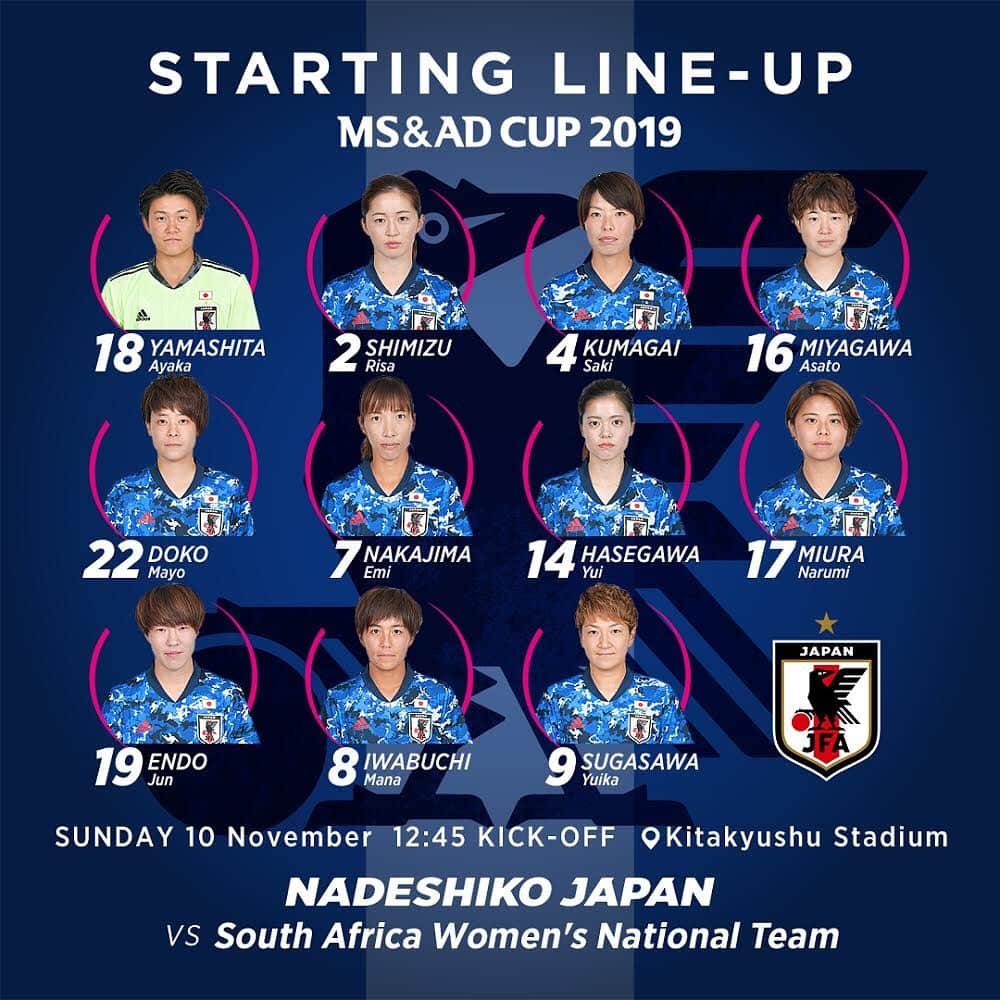 日本サッカー協会さんのインスタグラム写真 - (日本サッカー協会Instagram)「#なでしこジャパン スタメン発表‼️ ・ 新ユニフォームを着用した選手たちの顔写真を初お披露目😊生の選手たちは、テレビでご覧ください！ご声援よろしくお願いします🙌 ・ #nadeshiko #なでしこジャパン #女子サッカー --------------------- MS&ADカップ2019 なでしこジャパン🇯🇵vs🇿🇦南アフリカ女子代表 📅2019/11/10(日) 12:45KO予定 📍北九州スタジアム 🎫チケット発売中！ ・ 💁‍♀️大会・チケット情報はJFA.jpへ！」11月10日 11時56分 - japanfootballassociation