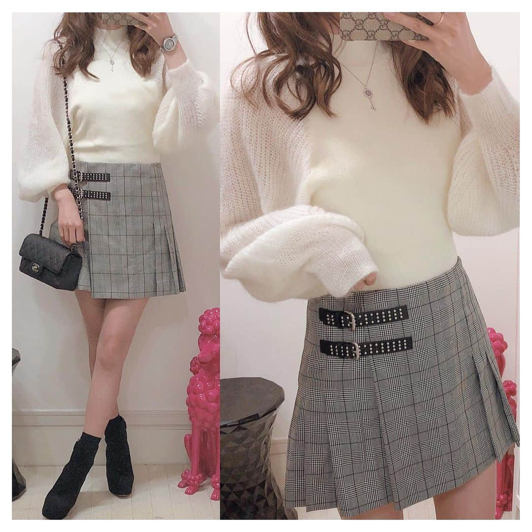 おまみのインスタグラム：「＊﻿ ＊﻿ coordinate 。♡﻿ ﻿ ﻿ tops:lilybrown﻿ skirt:redvalentino﻿ shoes:miumiu﻿ bag:chanel﻿ ﻿ ﻿ @redvalentino のチェックスカート 。♡﻿ 形が可愛い 。♡﻿ ディズニー着てた時おっきかったからサイズ直してぴったりになった 。♡﻿ このスカートシルバーなスタッズだからバッグやネックレスもシルバーで合わせたよ 。♡﻿ ﻿ ﻿ #coordinate #code #outfit #ootd #wear #fashion #コーディネート #コーデ #コーデ記録 #ファッション #ファッションコーデ #おまみ服 #今日のコーデ #chanel #chanelbag #シャネル #miumiu #ミュウミュウ #lilybrown #リリーブラウン #redvalentino #レッドヴァレンティノ #チェックスカート #冬服コーデ #冬服 #ディズニーコーデ #disneycode #シャネルバッグ #checkskirt #ニットコーデ」