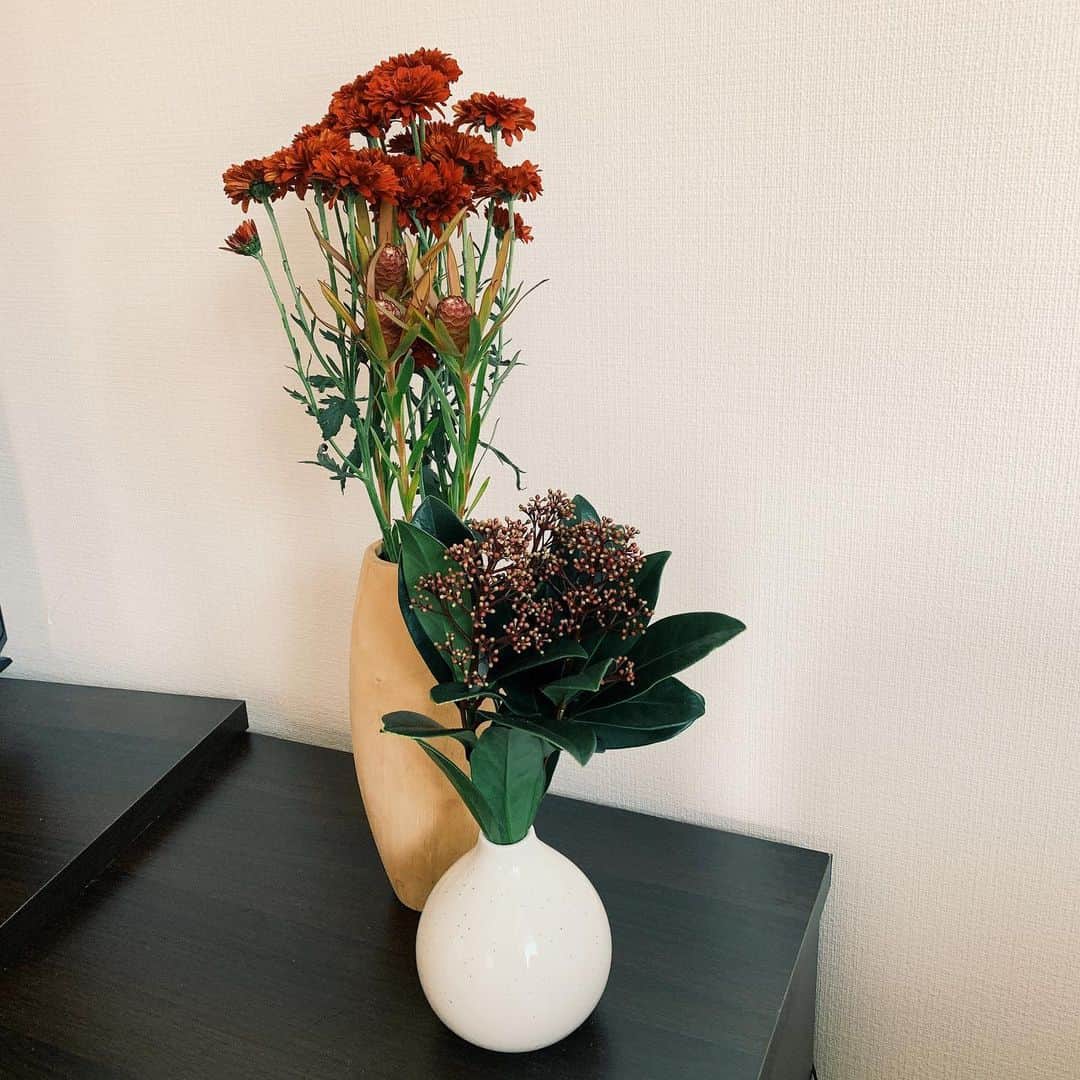 わちみなみのインスタグラム：「お花🍁今回は﻿ 深い赤系で﻿ ﻿ キクと、茎が木みたいなもの﻿ 背が高くてちょっと花瓶からはみ出ぎみ。。﻿ 小さい方はなんだろう😊😊﻿ ﻿ お花の名前が書いてなかった🤔﻿ ﻿ #わちと花﻿ #秋の雰囲気﻿ #花」