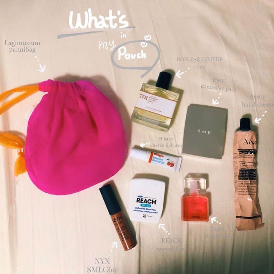 ELLE girl JAPANさんのインスタグラム写真 - (ELLE girl JAPANInstagram)「【What's in my pouch？💄】﻿ ﻿ メイクにも人一倍こだわりのあるELLEgirl UNI creator🦄彼女たちのコスメポーチには何が入っているの？リップやビューラー、ファンデまで、UNI creatorのポーチの中身を拝見💘﻿ ﻿ 💁🏻‍♀️ぷるこ( @prukousagi )﻿ ﻿ 🤔コスメポーチについて教えて！﻿ 「Lagimusim(ラギムシム)」( @lagimusim_official )というブランドのポーチを愛用中♡エコバッグとポーチのセットで購入しました！🌍﻿ 出先であまりお直しをしないので、最低限のコスメだけをセレクトして入れています👜﻿ ﻿ 🤔ポーチの中身を教えて！﻿ ・ハンドクリーム／イソップ﻿ @aesopskincare ﻿ 年中使っている、一番のお気に入りハンドクリーム👍🏻﻿ ﻿ ・香水／ボンパフューマー @bonparfumeur ﻿ 最近購入した香水 「BON PERFUMEUR オードパルファン 701」💭スモーキーながら優しい香り🍂環境が変化した時や心機一転したい時は香水を新調します🤟🏻﻿ ﻿ ・リップバーム／ブリステックス﻿ @blistex ﻿ チェリーフレーバーのリップバーム🍒﻿ ﻿ ・リップ／ニックス﻿ @nyxcosmetics_jp ﻿ リップは「NYX」の「ソフト マット リップクリーム 60」をin👜ソフトマットな質感で、秋冬らしいくすみカラーです💋﻿ ﻿ ・デンタルフロス／リーチ﻿ @reach_japan ﻿ 歯のお掃除が簡単にできるフロスは、仕事シーンの日もオフの日も、常に持ち歩いています🦷﻿ ﻿ ・コンシーラー／RMK﻿ @rmkofficial ﻿ ベースメイクのお直しは「RMK」コンシーラーパクトのみです👌🏻カラーを混ぜて使える所がお気に入り🖤﻿ ﻿ ・目薬／サンテボーティエ﻿ @sante_beauteye ﻿ ブルーライト対策に目薬は欠かせません💻目が充血しやすいので、充血に効く目薬を使ってます👀﻿ ﻿ ﻿ ﻿ #ellegirl #ellegirluni #ellegirlbeauty #ポーチの中身 #コスメポーチ #lagimusim #イソップ #イソップハンドクリーム #aesop #aesopskincare #bonparfumeur #blistex #ブリステックス #ハンドクリーム #ハンドクリームマニア #リップバーム #香水 #フレグランス #nyxcosmetics #nyxlipstick #ニックス #マットリップ #デンタルフロス #サンテボーティエ #santebeauteye #目薬 #rmk #rmkコンシーラー #コンシーラー #お直しコスメ」11月11日 20時21分 - ellegirl_jp