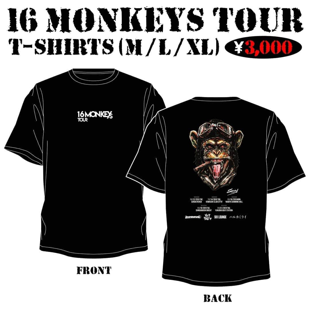 HEY-SMITHのインスタグラム：「【16 MONKEYS TOUR】  いよいよ明日！ 11/12(火)仙台RENSAから、 16 MONKEYS TOURツアーがスタートします！  数量限定でイベントTシャツ販売します！！ (15:30〜先行販売予定)  特設サイト http://16monkeystour.com」
