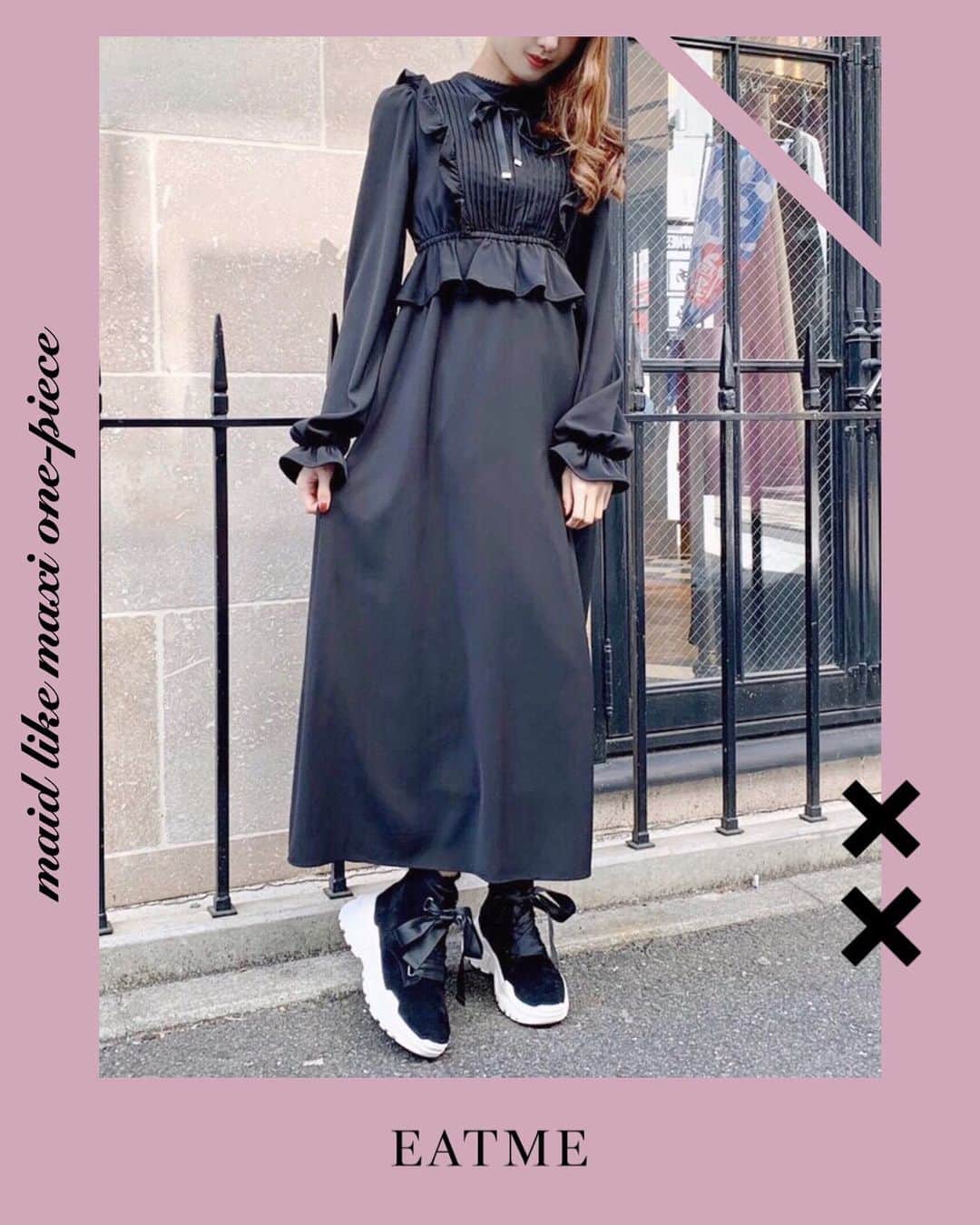のインスタグラム：「11.12 update... #EATME #NOVEMBER #NEW #ITEM #🌹 ブーツ➡︎発売中 ワンピース➡︎11.12発売予定 ソックス➡︎参考商品 . TOP画面のURLからEATME WEB  STOREをCHECK💁🏻‍♀️ @eatme_japan . メイドライクマキシワンピース（ #ONEPIECE ） ¥14,500（＋tax） COLOR🎨:BLK.PNK.BLU SIZE📐:S.M . スニーカーソールショートブーツ（ #BOOTS ） ¥13,600（+tax） COLOR🎨:O/WHT.BLK SIZE📐:S（22.5cm) M（23.5cm）、L（24.5cm） . #EATME_CODE #eatmejapan #イートミー #fetishmode #2019aweatme #VINTAGEAFTERNOONTEA #益若つばさ #tsubasamasuwaka #fashion #japan #tokyo #harajuku #osaka #umeda #原宿 #大阪 #梅田エスト #instagood #like4like」