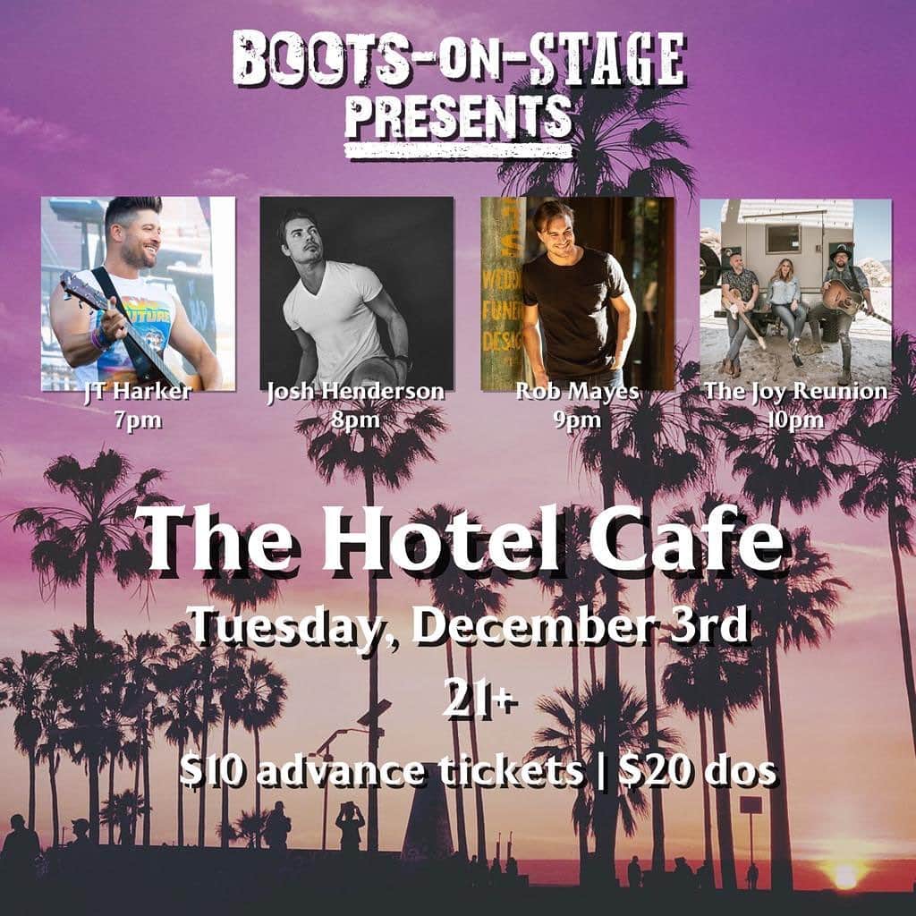 ジョッシュ・ヘンダーソンのインスタグラム：「If y’all are in la dec 3rd come check me out at @thehotelcafe for @bootsonstage ! My first show ever in la ! Some great talent that night so it should be a rockin time :) come grab a drink and hang !! Link for tickets in bio !!」