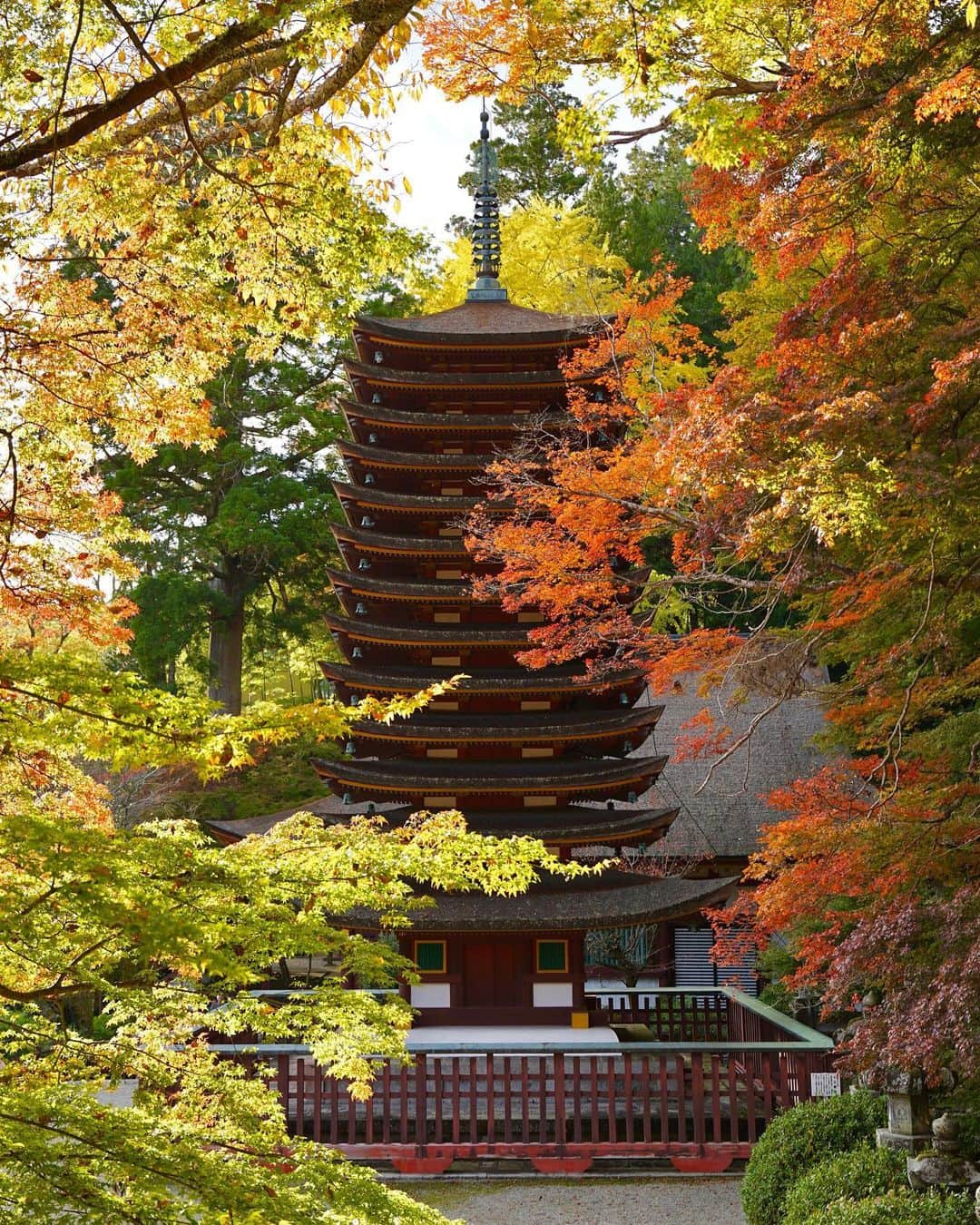 Koichiのインスタグラム：「| Autumn shrine . #BeautifulJapan #談山神社 #奈良 #Nara . ➡️ Swipe to see the beautiful Japanese autumn colors! . 奈良の紅葉は山間部から徐々に色付き始めています。今は緑から黄色〜赤へのグラデーションが美しい時期。 .」