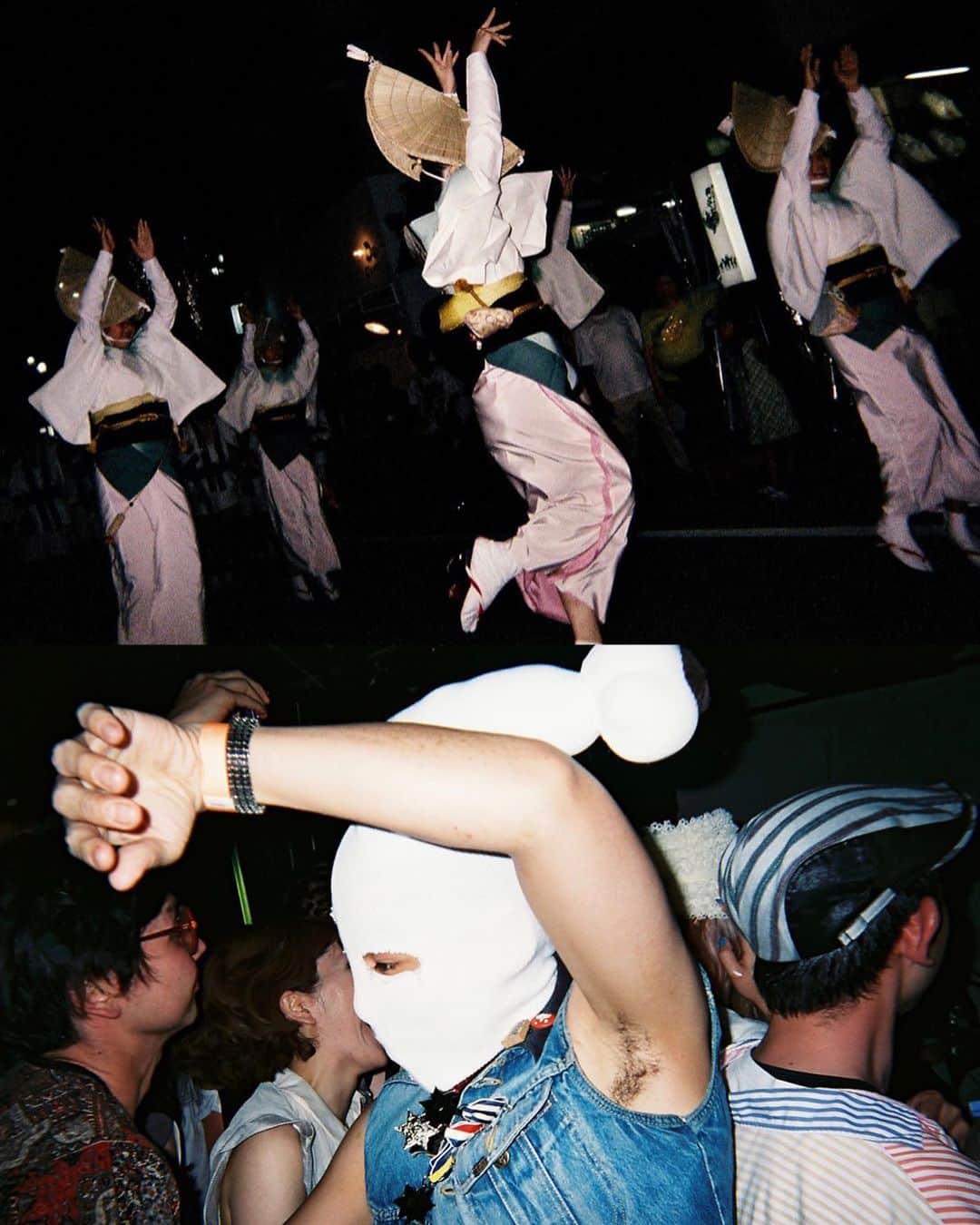 東京DANDYのインスタグラム：「I placed these images together in my book to contrast the traditional and the contemporary.  In 2010 authorities in Osaka began inforcing a 1948 law that dictated the size and type of establishments in which people were allowed to dance (amended in 1984 to prohibit dancing after midnight). I remember turning up to a DJ gig in Osaka around this time (at the since-closed club Onzieme). Tables and chairs covered the dancefloor, and no-one was allowed to stand up to dance. Soon after, police raids on clubs began in Tokyo. Half-way through the night, the lights would go on, and the club would close. I remember the fear on the faces of the party kids in Trump Room one night when this happened. Despite the law being overturned in 2015, a dogma surrounding nightlife remains for some in the current generation. I believe the enjoyment of music and dancing in nightclubs is just as an important rite-of-passage as enjoying traditional dancing at local festivals.  #DisposablesBook #Disposables #Nightclub #Dancing #NoDancing #Japan #使い捨てカメラ #DisposableCamera #35mm」