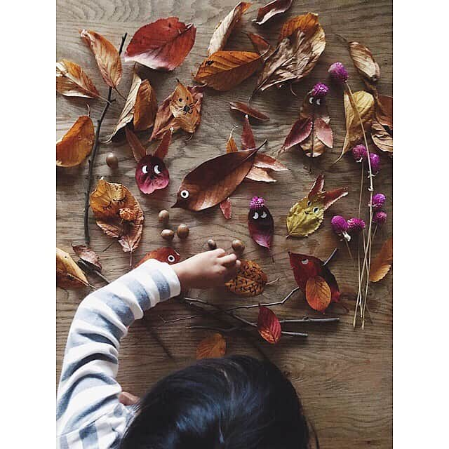 宇藤えみさんのインスタグラム写真 - (宇藤えみInstagram)「秋の宝物で一緒に作った作品。 息子が魚やうさぎさんみたいだねぇと言った葉っぱはその動物たちに。 ライオンやゾウさんやパンダは母ちゃんにはレベルが高すぎて聞き流しました…ごめんねw 魚は楽( @chikage1212 の息子くん)と見たメダカなんだよ。 どんぐりは魚のごはんだよ。 木はまさき君 @masaki_tainaka とした焚き火なんだよ。 折れてしまい捨てようとしたらめっちゃ怒られたピンクのお花はプリンセスの妖精！！(写真4枚目) 薔薇のドライフラワーは @yukobito1981 がくれたから大事なんだよって妖精に持たせてました。 少しでも動かすとめっちゃ怒られるw けど楽しい記憶と遊びが繋がっていて 見ていてほっこりしたなぁ♡ 30秒ですぐなくなった息子の作品✌︎ #秋の宝物#季節の遊び#成長記録」11月13日 19時58分 - emiuto