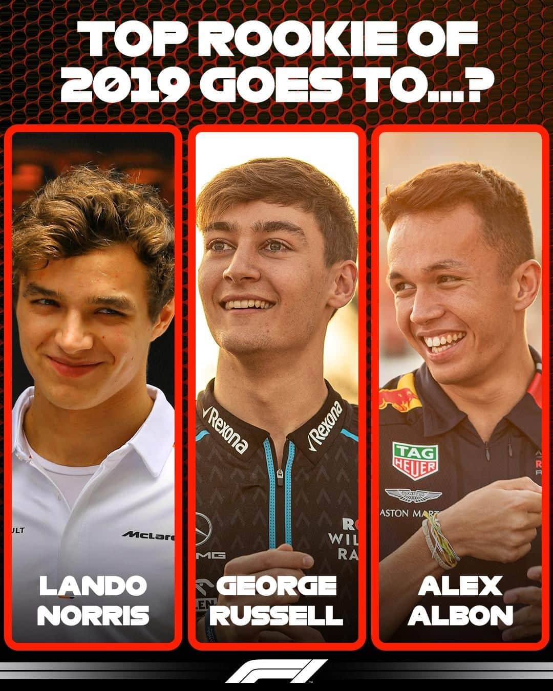 F1さんのインスタグラム写真 - (F1Instagram)「What a year for these three! But only one of them can be our Rookie of the Year for 2019 🤔 Hit the link in our bio to cast your official vote 🗳 . #F1 #Formula1 #Vote #LandoNorris @landonorris @mclaren #AlexAlbon @alex_albon #GeorgeRussell @georgerussell63 @williamsracing」12月13日 0時18分 - f1