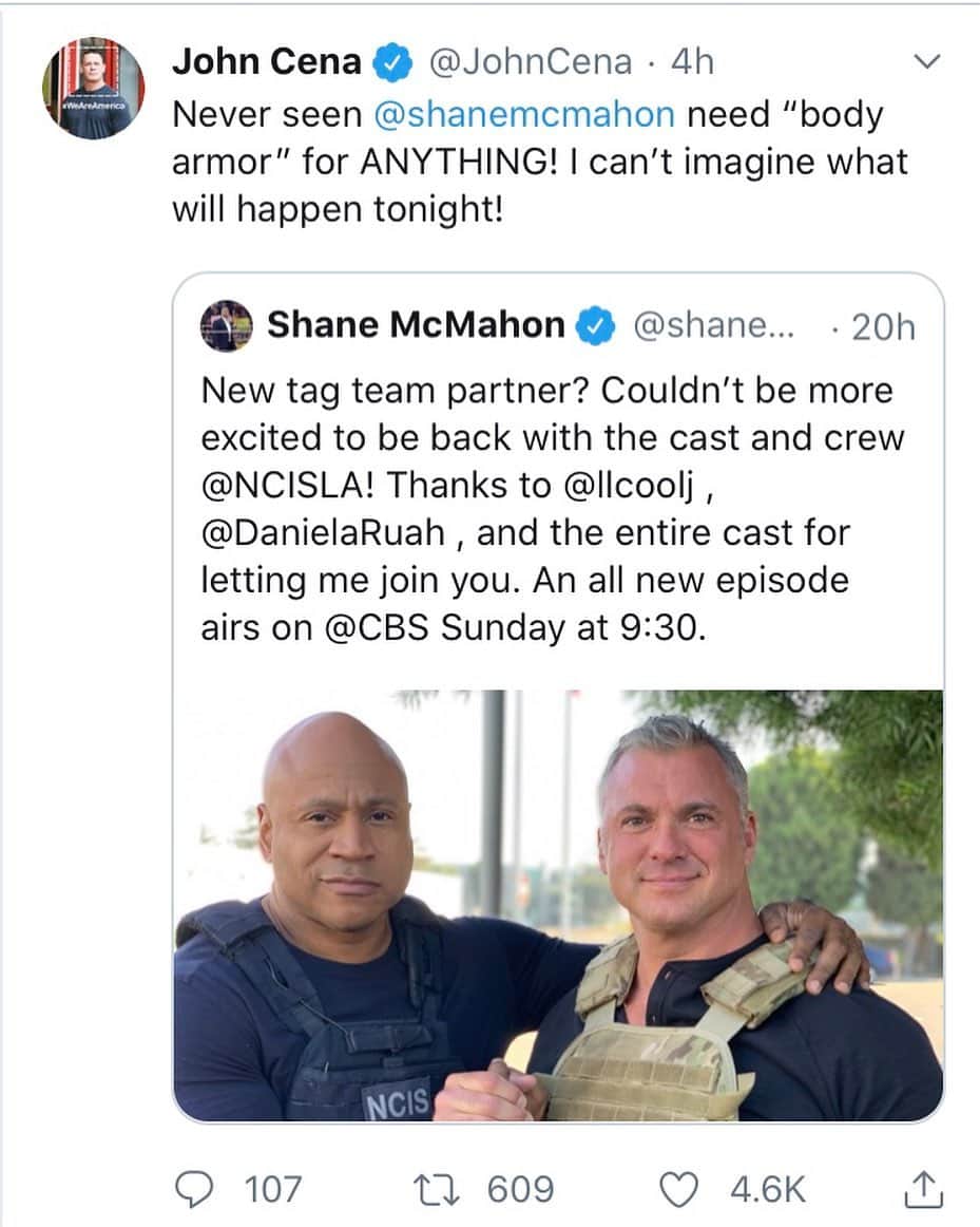 NCIS:LA 〜極秘潜入捜査班のインスタグラム：「@johncena & @shanemcmahonwwe will be watching tonight’s #NCISLA fall finale.  You ready?!! 9:30 pm @cbstv 🔥🔥🔥」