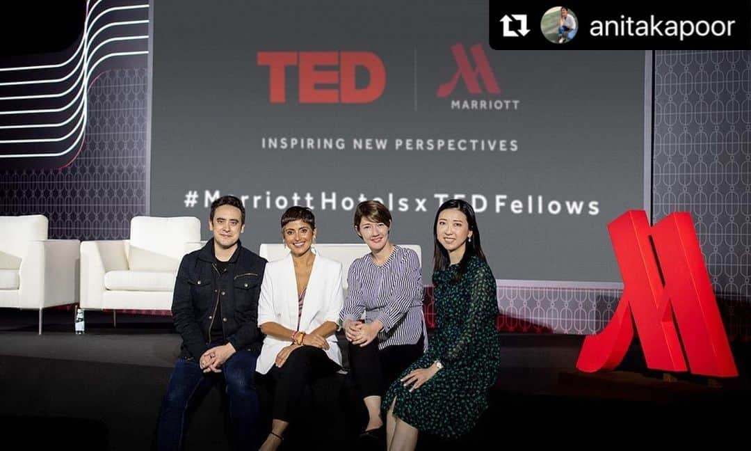 スプツニ子!さんのインスタグラム写真 - (スプツニ子!Instagram)「#Repost @anitakapoor with @make_repost ・・・ It's been a little while, and a few travels later, but a great thrill to work with @ted and @tedfellow and @marriottbonvoy recently, as they traverse the globe shining  fascinating discoveries, experiences and stories into audiences.  Brilliant to meet Andrew Pelling of @pellinglab who's growing ears from apples - the possibilities are endless; and artist Hiromi Ozaki otherwise known as @5putniko who worked with a researcher and scientist injecting silkworm eggs with the genes of glowing coral and jellyfish to create glowing genetically engineered silk. Both are part of a 470+ strong collective of Ted Fellows - young designers, artists and researchers collaborating across disciplines for a  better world. Brilliant conversation followed. Thank you both for the insights and for laughing at my jokes?」12月9日 10時07分 - 5putniko