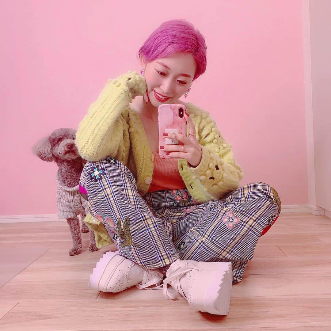 くまみきのインスタグラム：「最近また派手✌️💐﻿ 写真撮ってるともじゃが近づいてくる笑 ﻿ カーディガン/ @honeymihoney_official ﻿ キャミソール/ @uniqlo ﻿ パンツ/ @klosetdesign ﻿ シューズ/ @honeymihoney_official ﻿ ピアス/ @michu_coquette ﻿ ﻿ もじゃのニット/ @pegion_dog ﻿ ﻿ #ootd」