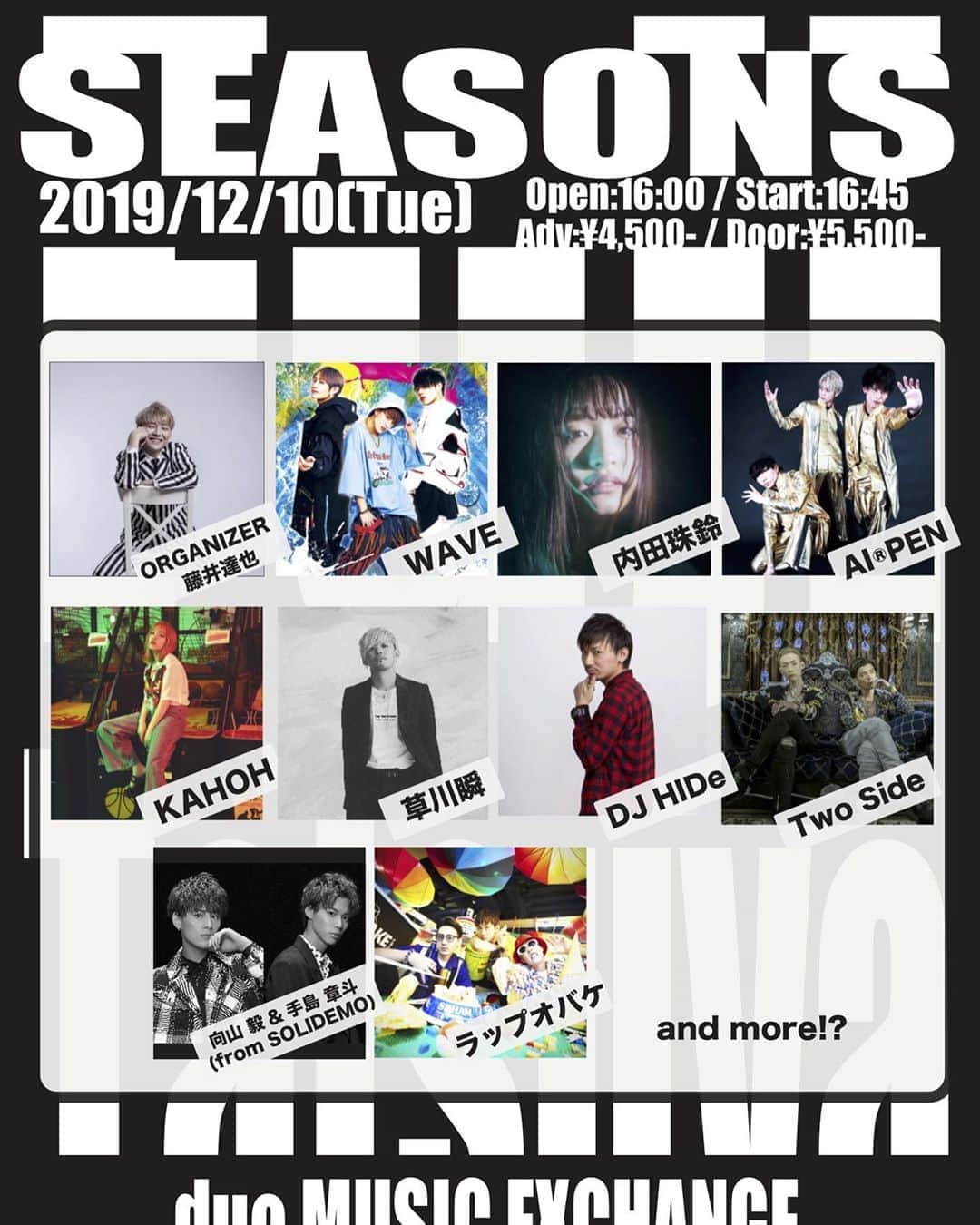 藤井達也のインスタグラム：「今年のSEASONSも明日でラスト‼️ ご来場いただいた皆さん、出演してくれたアーティストの皆さんありがとうございます！  来年も藤井達也並びにSEASONSよろしくお願い致します😄 【絶賛チケット発売中】 藤井達也 主催 [SEASONS]@duo MUSIC EXCHANGE 12/10(火)OPEN 16:00 前売¥4,500(D別)  #インスタ #Instagram #instagood #artist #live #歌 #song #渋谷 #shibuya #ファッション #fashion #노래 #미소 #가수 #singer #話題 #イベント #event #笑顔 #smile #followme」