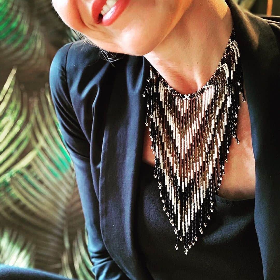 のインスタグラム：「What’s your party outfit this Christmas? Dress? Suit? Black? Glitter?  We live this awesome outfit “boho-ed” up with our Frida Fantail  Necklace by @isthistooyoungforme」