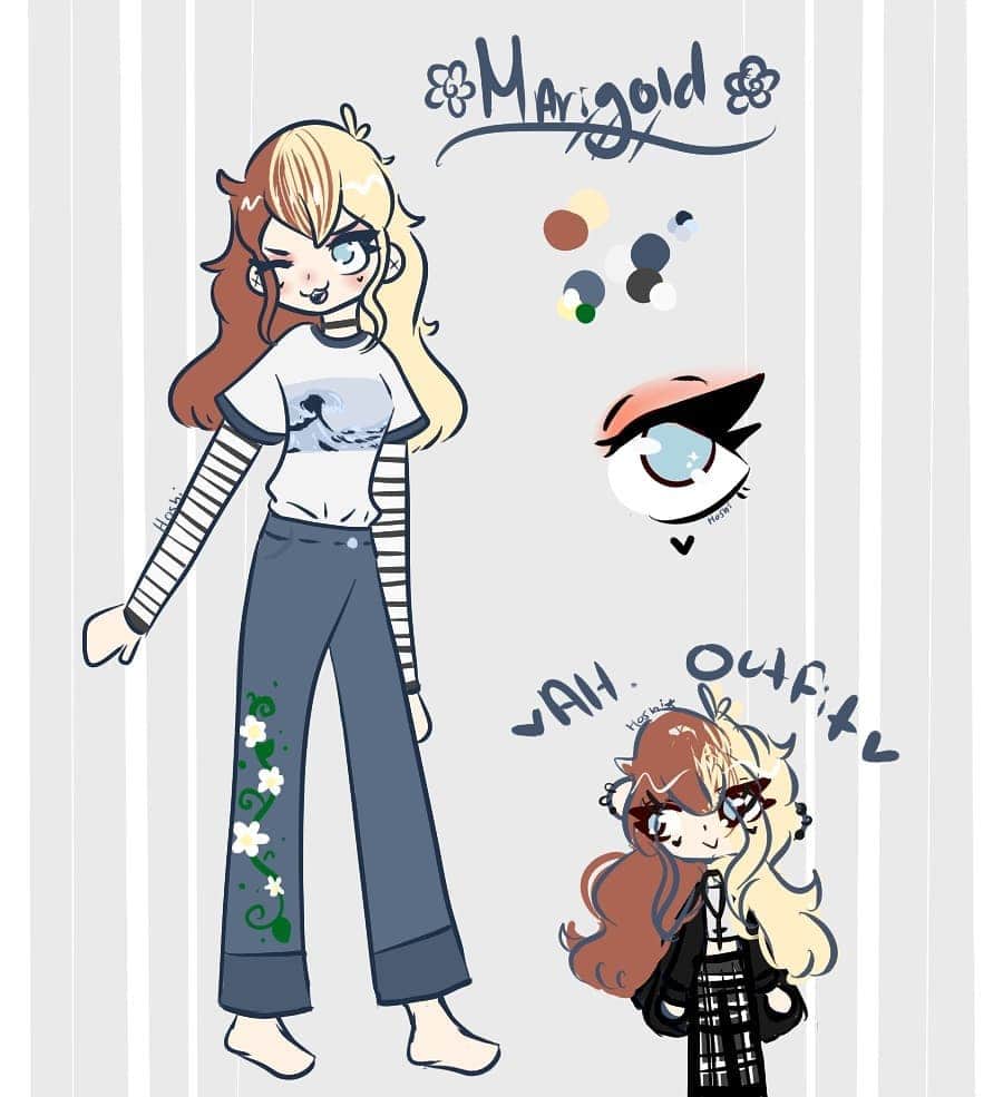 のインスタグラム：「Made a ref sheet for an oc I made almost 4 months ago ;w; kept putting it off oops. --- Shes shiped with one of @fluffynyxe 's characters ✨💚」