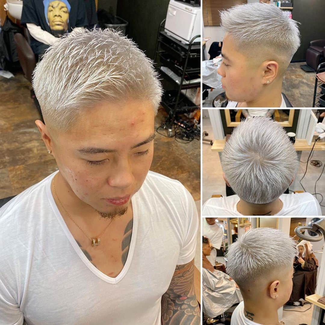 のインスタグラム：「. . .スノーホワイト⛄️ . .冬に白っていいよねぇ🤤 . . .  #メンズラピス#menslapis#メンズラピス渋谷#menslapisshibuya#ラピス新時代#ツイストパーマ#カッコイイ#イケメン#ツイストスパイラル#ヘアスタグラマー#圧倒的技術力#変身動画#フェードスタイル#刈り上げ#スプラツイスト＃ハイトーン#人生は髪型で変わる#ヘアメイクは男の化粧です#アップバング#ハイライト#ハイトーン#ワイルドアップバング#ビジカジ#ビジネス#ツーブロック#barber#menshair#fade」