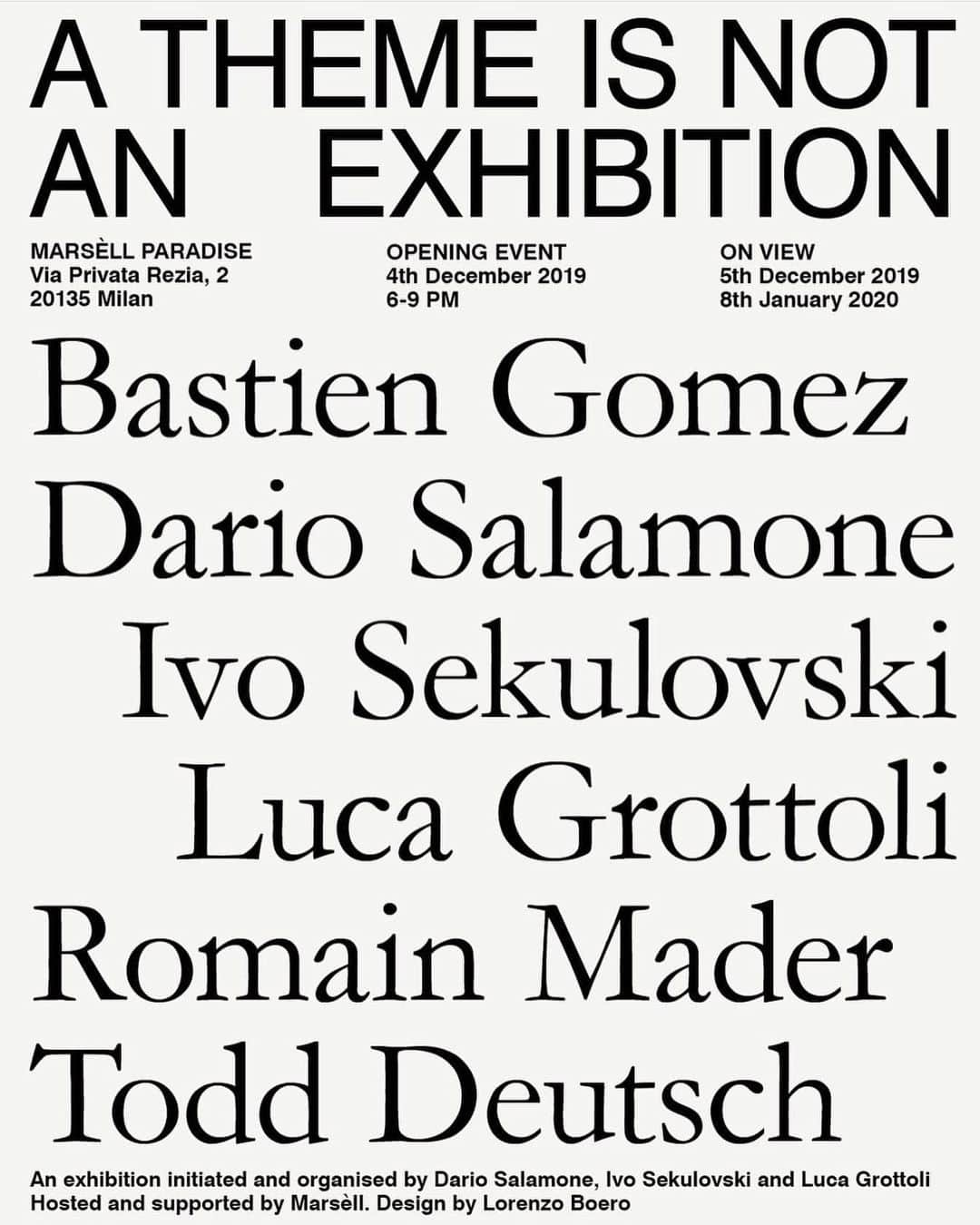 エレオノーラ・カリシのインスタグラム：「A THEME IS NOT AN EXHIBITION A photographic show featuring @bastiengomez_ @dario.salamone @ivosekulovski @_lucagrottoli @romain_mader and Todd Deutsch ‍  Opening 4th December 2019  On view until 8th January 2020 ‍  @marsellmilano Via Privata Rezia, 2 Milan Graphic design @bobbaz_  Fine art prints @lomascher」