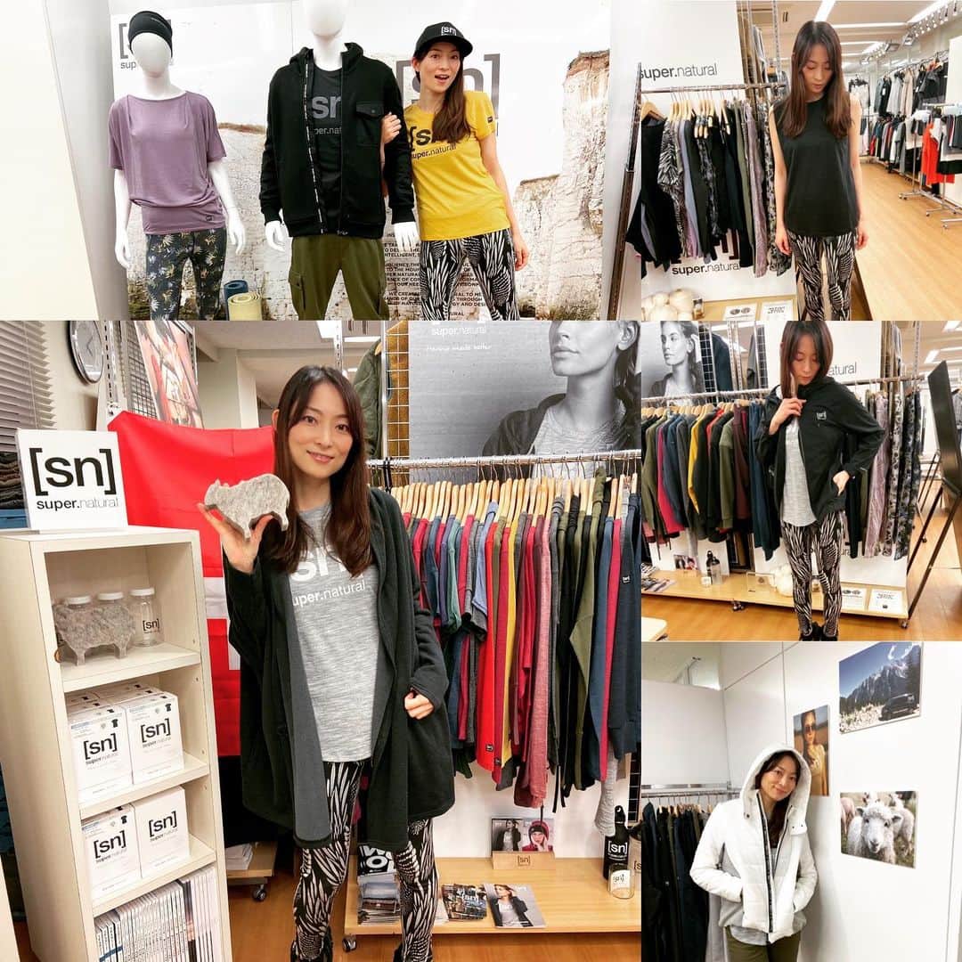 松本英子のインスタグラム：「【sn】2020 A/W 内見会へ🧘‍♀️ 相変わらずロゴTも安定の着心地✨✨✨ イエローが新色で可愛く、マネキンのお帽子をちょいと拝借しつつw  新しい展開の羽織りや、薄手のシャカシャカアウターもかなり秋冬活躍しそう🍂 軽くて気持ちいい〜  #snsupernatural #merinomadebetter #merinowear #outerwear #sportswear #outdoors #yoga #tshirt #wear #running」
