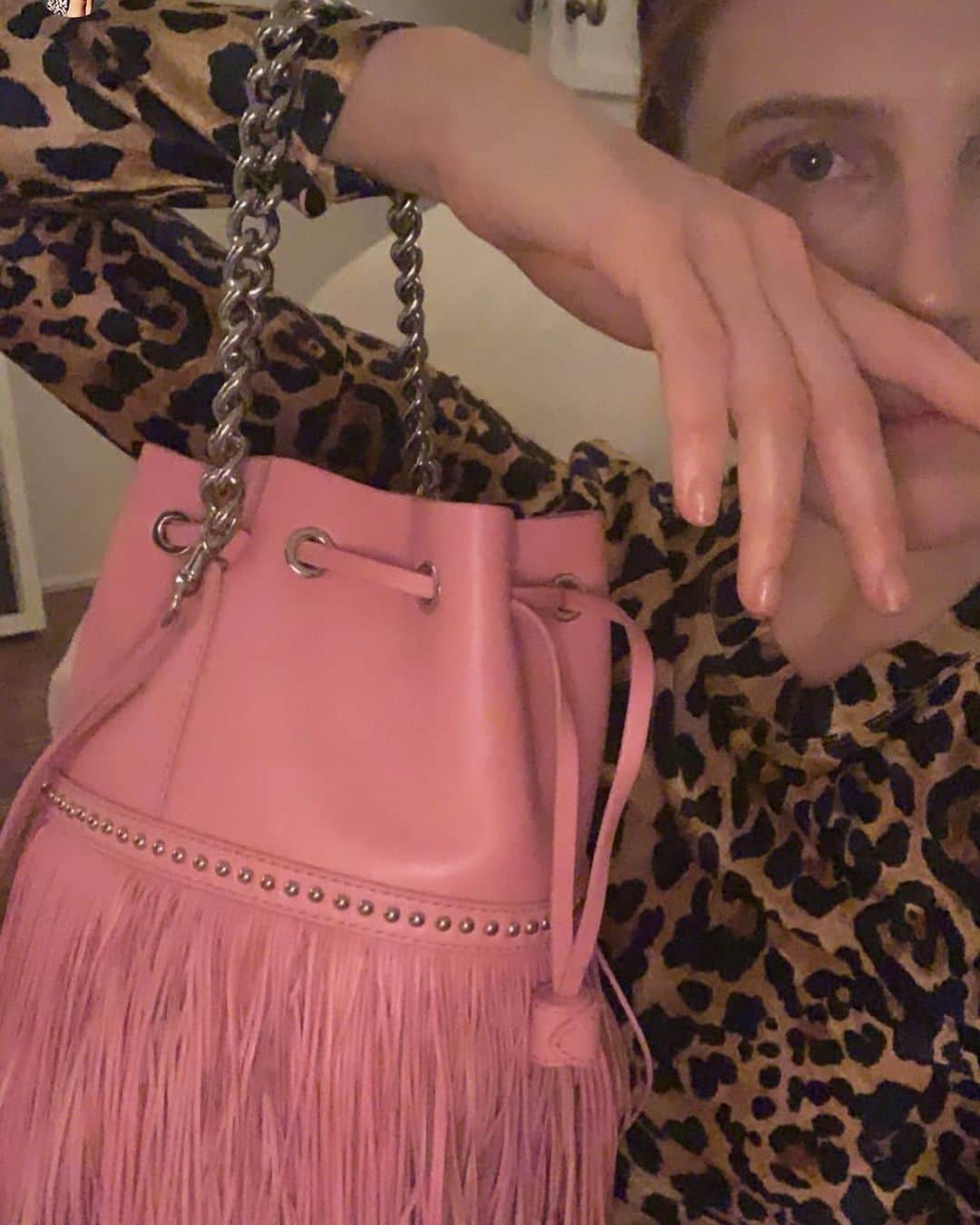 のインスタグラム：「We see you Dree 💞  @dreelouisehemingway posing with her Fringe Carnival Bag in AW19 favourite colour, pink!  Available now, exclusively on our website」