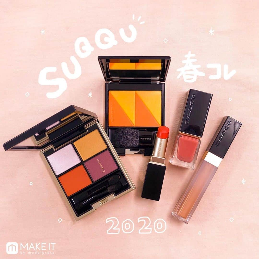 メイクイット by モデルプレスのインスタグラム：「＼ #SUQQU 2020 春 カラーコレクション ／﻿ ﻿ ▶︎ 2020年1月10日発売﻿ ⌒⌒⌒⌒⌒⌒⌒⌒⌒⌒⌒﻿ ﻿ 日本の美の粋と言える折り紙に着想を得た﻿ 新しいSUQQUの春コレクションが登場します✨﻿ 目をみはる色合わせや思いもよらぬ立体感…﻿ 初めて折り紙に触れた子どものように、﻿ 折り目正しき大人の色遊びを楽しんで🤗❤️﻿ ﻿ スワイプして全アイテムのスウォッチをチェック👉💫﻿ ﻿ ﻿ 🧡バイブラント リッチ リップスティック﻿ 新色10色・限定3色 各5,000円（税抜）﻿ ﻿ “色遊びの春”に、いよいよ新しい﻿ マットリップスティックが誕生💄﻿ 大人の肌艶と自然になじむよう仕組まれた色設計で﻿ どの色をとっても「私に似合う色」という衝撃…💋﻿ ふわっと軽いつけ心地で唇にぴったり密着し、﻿ わずかな光沢で洗練されたソフトマットな仕上がりに💓﻿ ﻿ 〈色展開〉﻿ ・01 焦麻 - KOGAREASA﻿ ・02 中紅花 - NAKAKURENAI﻿ ・03 躑躅咲 - TSUTSUJIZAKI﻿ ・04 深支子 - FUKAKUCHINASHI﻿ ・05 晴紅 - HARUBENI﻿ ・06 彩纏 - IRODORIMATOI﻿ ・07 漆火 - SHITSUBI﻿ ・08 冴褐色 - SAEKASSHOKU﻿ ・09 綺響 - AYAHIBIKI﻿ ・10 華墨 - HANASUMI﻿ ・101 春麗 - HARUURARA（限定色）﻿ ・102 深漿果 - FUKASHOUKA（限定色）﻿ ・103 淡柚子 - AWAYUZU（限定色）﻿ ﻿ ﻿ 🧡デザイニング カラー アイズ﻿ 新色1種・限定1種 各6,800円（税抜）﻿ ﻿ 春新色は軽やかでマットな発色をいくつも重ね、﻿ 色鮮やかな表情を創る﻿ 折り紙のような楽しさ、美しさを実現✨﻿ ﻿ 〈色展開〉﻿ ・15 橙結 - DAIDAIMUSUBI﻿ ・130 旬霞 - SHUNGASUMI（限定色）﻿ ﻿ ﻿ 🧡グロウ タッチ アイズ﻿ 新色2色・限定1色 各3,700円（税抜）﻿ ﻿ 長時間よれず、色と立体感を自在にデザインする﻿ 人気のリクイド アイシャドウには、﻿ ほのかな春の光のような淡いカラーが登場🌸﻿ 鮮やかなマットリップとも好相性です😍﻿ ﻿ 〈色展開〉﻿ ・07 光吹 - HIKARIBUKI﻿ ・08 眩滴 - MAISHIZUKU﻿ ・108 光極色 - KOUKYOKUIRO（限定色）﻿ ﻿ ﻿ 🧡アイラッシュ マスカラ ウォータープルーフ﻿ 限定2色 各4,300円（税抜）﻿ ﻿ フレッシュで深みのある﻿ 春の自然の色から生まれた2色🍀﻿ 伏せた目元に春の深みを宿します😌﻿ ﻿ 〈色展開〉﻿ ・103 グリーン（限定色）﻿ ・104 パープル（限定色）﻿ ﻿ ﻿ 🧡ピュア カラー ブラッシュ﻿ 限定2種 各5,500円（税抜）﻿ ﻿ 折り紙の表と裏を重ねたような﻿ 限定デザインのチーク☺️﻿ 見た目よりやわらかな発色なので、﻿ ふわりと自然に頬を染められます💕﻿ ﻿ 〈色展開〉﻿ ・118 折紅重 - ORIBENIGASANE（限定色）﻿ ・119 蜜柑重 - MIKANGASANE（限定色）﻿ ﻿ ﻿ 🧡シマー リクイド ハイライター﻿ 新色1色 3,900円（税抜）﻿ ﻿ 頬をなめらかな光で満たす﻿ リクイド ハイライターから新色が登場💫﻿ 新色の02 飾艶 - KAZARIZUYA は、﻿ ゴールドに寄せたカラーで﻿ 春夏の明るい光に映えて輝きます🌟﻿ ﻿ ﻿ 🧡ネイル カラー ポリッシュ﻿ 限定3色 各2,500円（税抜）﻿ ﻿ 春らしくやや曇った、﻿ モダンでニュートラルなカラーが登場💅﻿ 霧のように淡く、優美な指先に💗﻿ ﻿ 〈色展開〉﻿ ・121 淡藍色 - AWAAIIRO（限定色）﻿ ・122 纁色 - SOHIIRO（限定色）﻿ ・123 浅紫 - ASAMURASAKI（限定色）﻿ ﻿ ﻿ さらに詳しいレビューは記事にて近日公開予定🧐﻿ プロフィールのURLからMAKE ITをチェックしてね🔎💓﻿ ﻿ エンタメ情報はモデルプレス（@modelpress）、﻿ 旅・お出かけ情報は女子旅プレス（@joshitabi_press）をチェック💡﻿ ﻿ ﻿ @makeit_press @makeit_editors﻿ #スック #春コスメ #新作コスメ﻿ #新発売 #限定コスメ #コスメ #デパコス﻿ #メイク #化粧品 #コスメレポ #パケ買い﻿ #パケ買いコスメ #チーク #アイシャドウ﻿ #リップ #マットリップ #ネイル #マスカラ﻿ #デザイニングカラーアイズ﻿ #グロウタッチアイズ #ピュアカラーブラッシュ﻿ #春コレクション #春コスメ2020﻿ #cosme #beauty #メイクイット﻿ #メイク好きな人と繋がりたい﻿ #コスメ好きさんと繋がりたい」