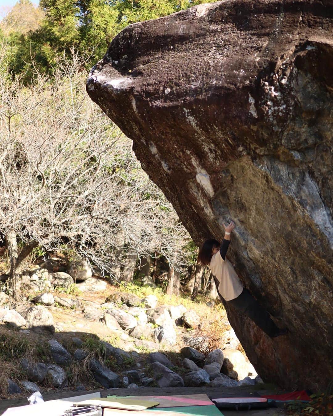 三浦絵里菜のインスタグラム：「今日は奥物部🌳 宴の支度 4級 仏の顔も it's all right 初段  塗仏 二段  午後からは笹渓谷へ🚗 夕凪 三段  夕暮れ前にトライしたけど、思ったよりすぐに登れてびっくり🙄🙄🙄 二段か初段くらいに感じたけど、どうなんでしょう🤔🤔 でも面白い良き課題でした☺️ たくさん登って楽しい1日でした🙆‍♀️ #奥物部  #stonevalley  #空気が澄んでて  #川が綺麗」