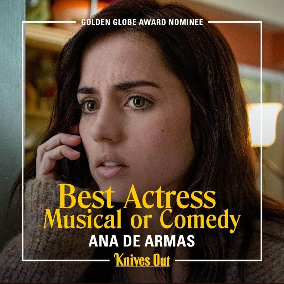 アナ・デ・アルマスのインスタグラム：「Thank you so much #HFPA for this honor, still feels like a dream! Congratulations Daniel, @riancjohnson and the entire cast of @knivesout ! 🥂🎉♥️✨ #goldenglobes2020」