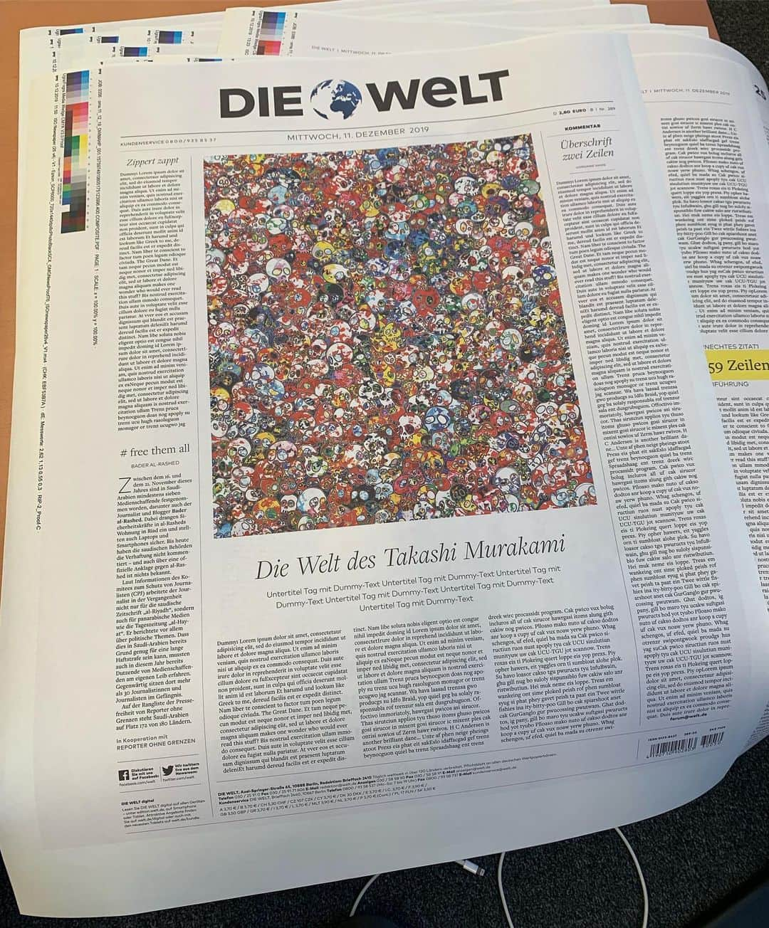 村上隆さんのインスタグラム写真 - (村上隆Instagram)「I am in Berlin now, for a project for the German daily Die Welt’s @welt annual special art issue. My artwork will be printed on the pages throughout the issue, for which we have worked with the newspaper for the past half year or so. Today we are finalizing the layout here, and there will be a dinner party later to celebrate the issue, which comes out tomorrow. I am so touched that a print medium has worked on such an issue with tremendous passion, that they take art so seriously. Thank you so much Cornelius @blauinternational Tittel, who has directed the issue and written articles about it, and Ulf Poschardt, @ulfposh the Editor-in-chief. Yuko Sakata @tabi_the_fat has helped coordinate the project in detail. And my design team at the Miyoshi studio: I know it was a lot of work going over multiple layout revisions, but the paper will finally be printed and will be on stand all over Germany tomorrow morning. Thank you for all your hard work. The photos show me reviewing the proofs of the issue and attending the morning editorial meeting. Ah, Berlin! We used to have a gallery here until a few years ago. I’m deeply moved that I was able to return to this city.」12月10日 23時25分 - takashipom