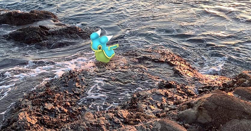 北山由里のインスタグラム：「久々の江ノ島ロケ！！ ・ GOスナップショットの撮影をしてたら、かわいいカラナクシを見つけました📸✨ ・ 冬の海は寒いですが、夕焼けは最高です👍✨ ・ ・ #PokemonGO #ポケモンGO #pokemon #GOSnapshot #PoGo #PokemonGOARPlus #PokemonPhotography #GOSnaps #youtuber」