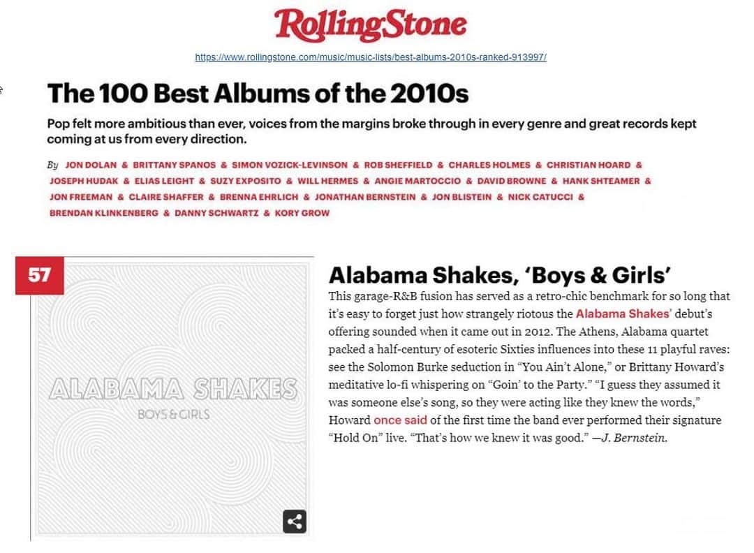 アラバマ・シェイクスのインスタグラム：「Thanks to @rollingstone for selecting 'Boys & Girls' as one of their 100 Best Albums of the 2010s! 👫⚡」