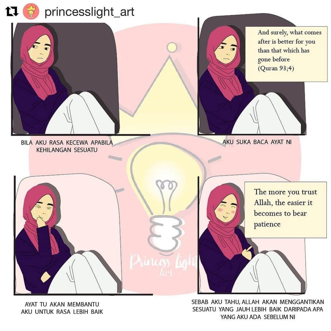 Koleksi Komik Malaysiaさんのインスタグラム写真 - (Koleksi Komik MalaysiaInstagram)「#Repost @princesslight_art with @get_repost ・・・ Apa yang Allah beri pada kita, itu semua hanya pinjaman. Dan yakinlah, apa yg Allah tarik tu pastinya Allah akan menggantikan sesuatu yg jauh lebih baik daripada sebelum tu. .  Sakit. Ya mmg sakit pada mulanya. Tp sentiasa ingat dlm diri, janji Allah itu pasti. Orang yg banyak bersabar tk pernah rugi. .  Kesabaran yg kita rasa dan lalui itu tentunya akan mendatangkan kebahagiaan dan kemanisan buat diri. .  #princesslightart #quotes #lukisandakwahislam #manis #indahnyaislam #sabar #komik #komikmalaysiaislam #malaysia」12月11日 17時47分 - tokkmungg_exclusive