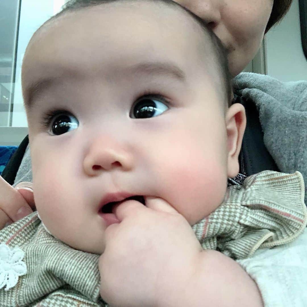 のインスタグラム：「バスでのキョロキョロが止まらない。 . #毎日赤子 #バス #きょとん #周りを見過ぎる #毎日子育て #スマイル育児」