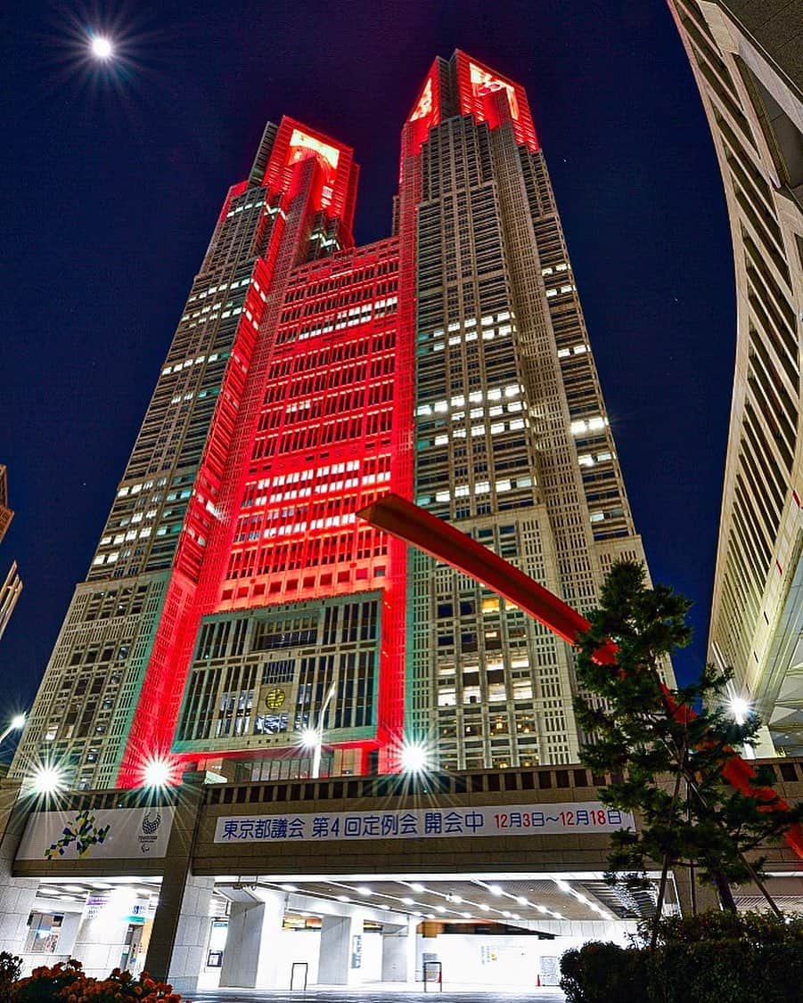 ❤?❤❤❤ Sayo ??❤?❤️❤️❤️のインスタグラム：「I heard that Tokyo Metropolitan Government is being lit up in red for "Red Ribbon" which is a symbol and support for understanding to AIDS, so went to photography after a long time. ❤️ It's since this spring!🌸 . After returning in about one hour, Nyaamy was crying so loudly and I realized he  urinated on the newspaper laid out on the table!😱. what is more, had a poop 💩 on my hoodie put in the sofa😂😂😂😂 Is it revenge on me?😓 エイズに対する理解と支援のシンボルである「レッドリボン」にちなみ、都庁を赤色にライトアップしていると聞いて久しぶりに撮影に(なんと、撮影に出かけたのは春以来！) . 近所なので1時間位で帰ってきたらにゃあみぃが大声で泣いていたので大慌てで見てみるとテーブルに置いていた新聞の上でおしっこ、ソファーに置いてた私のパーカーの上で💩をしていた😂 にゃあみぃ先生、これは腹癒せですか⁈😭」