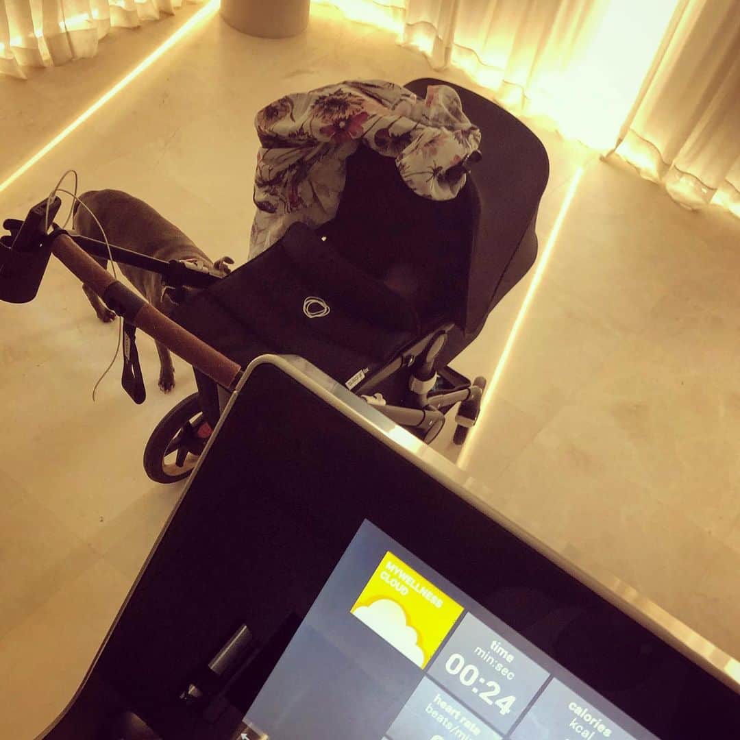 ジェニファー・ホーキンスのインスタグラム：「My gym buddies. Can you spot Milly she’s always with us! ;)To everyone who DM’d me about @bugaboostrollers - Thank you!! We went with the FOX and absolutely love it! 💞」