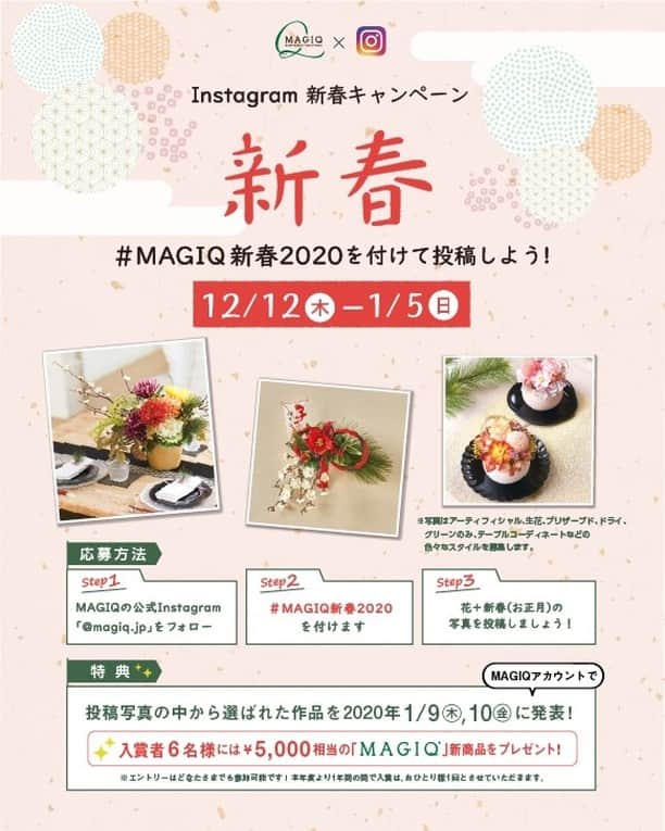 東京堂アーティフィシャルフラワーMAGIQのインスタグラム：「・ 🎍MAGIQ キャンペーン 【新春キャンペーン】開催❗️ 🌅期間:2019年12月12日(木)〜1月5(日) 🎖入賞→６名 🏅発表→1月9日(木),10日(金) ・ 🔸キャンペーン概要🔸 ●テーマ 【新春の花】をテーマにした写ご自身で撮った写真。 ・ 花は"アーティフィシャルフラワー"は、もちろん、プリザーブドフラワー、ドライフラワー、生花など花なら🆗です！ ・ 応募は簡単❗️ 以下参加方法にて、どなたでも参加🆗です‼️ 👇👇👇👇👇👇👇👇👇 ⚠️今回より参加方法が簡単になります！ ◎参加方法 ① @magiq.jp をフォロー ② #magiq新春2020 をタグ付けて 投稿して下さい！ ＊注)①フォロー&ハッシュタグがない と対象外となります ②開催期間外(12/12より前に投稿した、写真にハッシュタグをつけたものは無効になります ③本年より、１年間の間で入賞は おひとり様1回とさせていただきます。 ・ 👻受賞者の方には、InstagramのDMにて連絡いたします。 (必ず、DMで連絡取れるようにお願います) ・ 🎁特典🎁 ✳️入賞→6名 ①MAGIQのオススメ材料¥5,000相当 ②入賞写真を、MAGIQアカウントにて タグ付けして発表させて頂きます。 ③発表後日、MAGIQサイト内ブログ"アーティフィ空間"にて掲載。また、ブログ記事をリンクにて、"東京堂 公式facebookページ "でも掲載させていただきます。 ・ #TOKYODO#MAGIQ#MAGIQのある暮らし#東京堂#アーティフィシャルフラワー #アーティフィシャル#花#アートフラワー#造花#花のある暮らし#花のある生活  #花好きな人と繋がりたい#フラワーデザイン#フラワーアレンジメント#フラワーアレンジ#アレンジメント#キャンペーン#新春の花#お正月アレンジ#正月花#お正月飾り #お正月テーブルコーディネート#artificialflower#artificial」