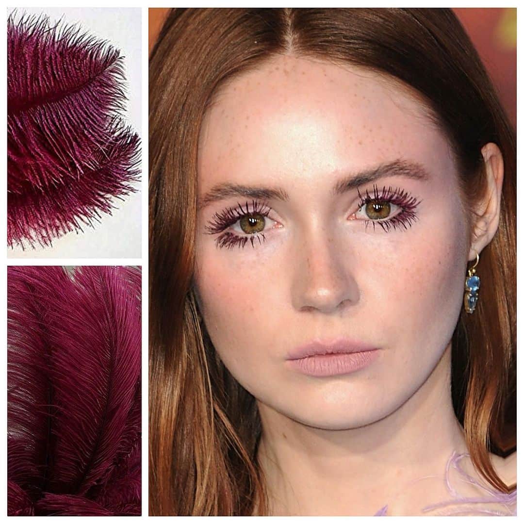 JO BAKERのインスタグラム：「K A R E N • G I L L A N 🏴󠁧󠁢󠁳󠁣󠁴󠁿 Feathery flamboyance for #karengillan for @jumanjimovie LA premiere!! Inspired by the amazing @prabalgurung dress (thanks @karlawelchstylist ) with icy mint and frosty lavender tones I wanted to add in a black cherry color pop to compliment the dress tones. I kept her makeup simple but very exaggerated... enhancing her lashes , maroon mascara with a matte powder burgundy eyeshadow pressed into the lashes to also make her eye color really shoot forward.  Freckles also hi lighted and made prominent kept this look feeling youthful, fun flirty and super femme!! Makeup by me #jobakermakeupartist see stories for more details , inspo and product details!! 💋」