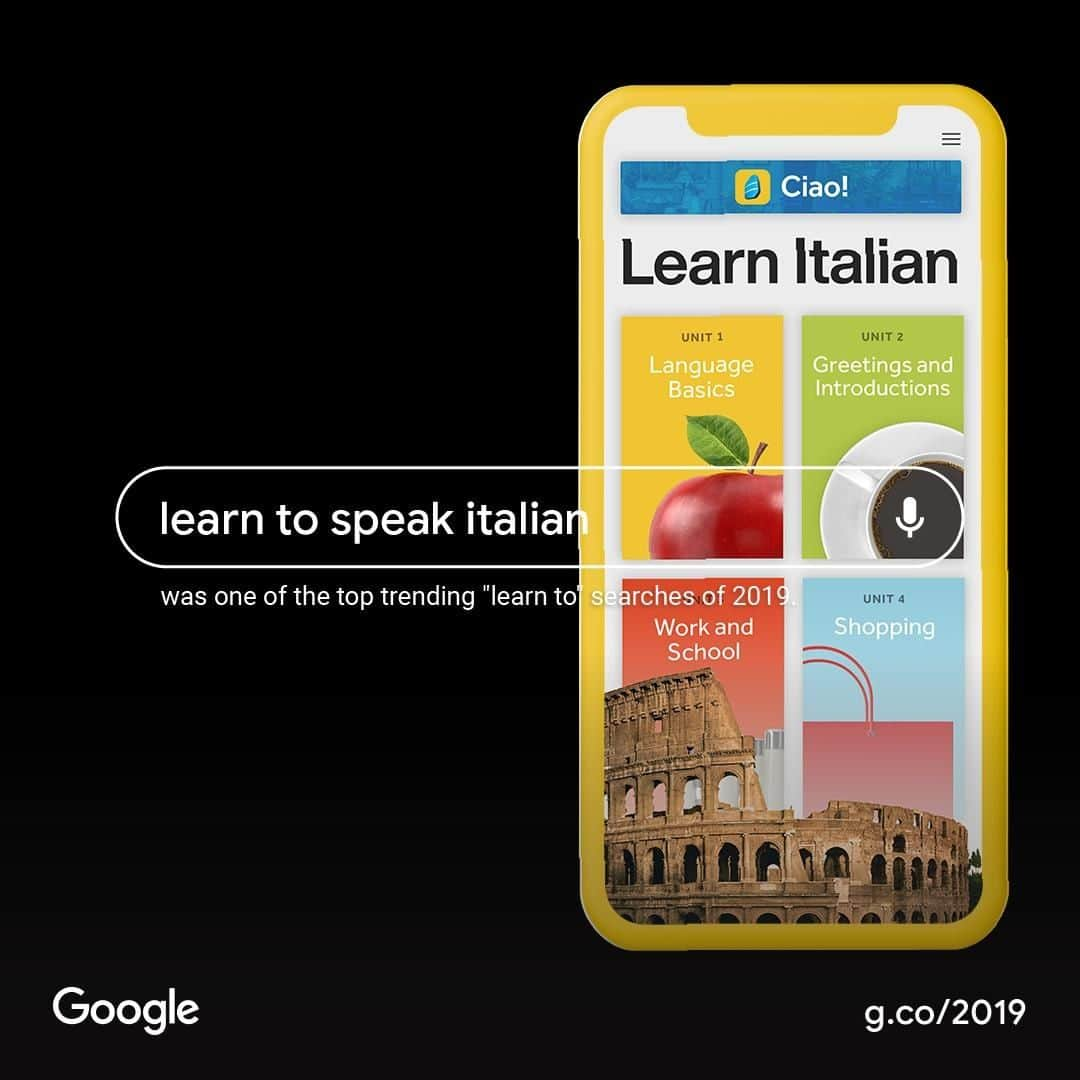 Rosetta Stoneさんのインスタグラム写真 - (Rosetta StoneInstagram)「"Learn to speak Italian" was one of the top trending “learn to…” searches of 2019. Bravo! 👏 @Google #YearInSearch . . . #Italian #LearnLanguages #Italy #Google #2019 #Google2019 #LearnItalian #Learn #Languages」12月12日 7時04分 - rosettastone