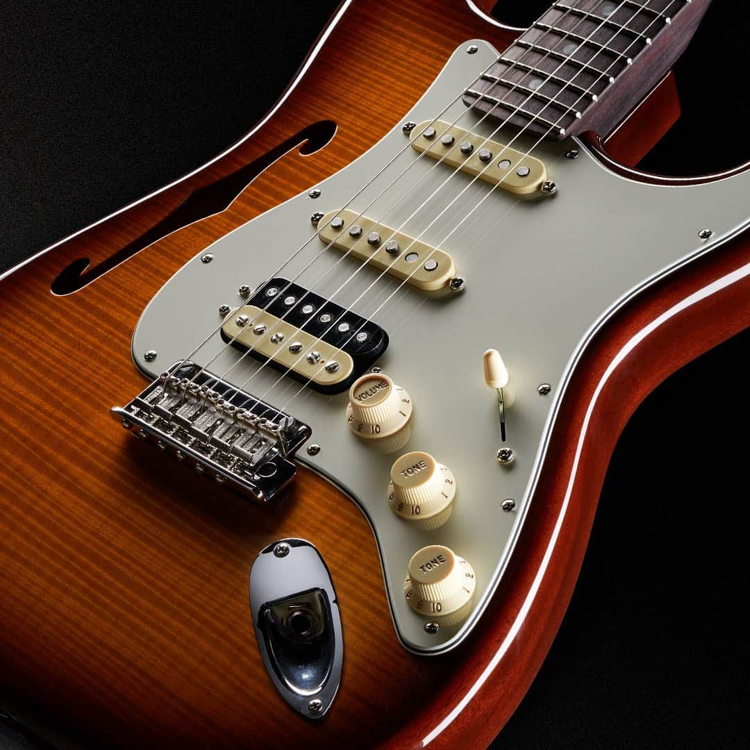 Fender Guitarさんのインスタグラム写真 - (Fender GuitarInstagram)「The Rarities Flame Maple Top Stratocaster® HSS Thinline features a mahogany body with a Violin Burst flame maple top and solid rosewood neck. It comes stacked with Custom Shop 69 single-coil pickups to add a breathy, open note to the traditional Strat® voice and a custom DoubleTap™ bridge pickup that offers both a sweet humbucking voice and a dynamic single-coil sound through an S-1 switch. Click the link in bio for more.」12月12日 7時20分 - fender