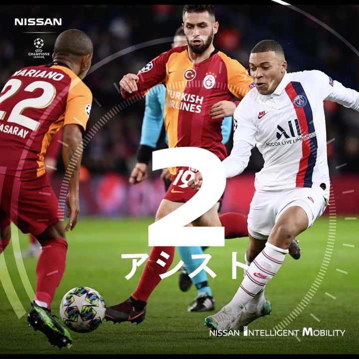 のインスタグラム：「. キリアン・ムバッペは @championsleague で通算2回目となる複数アシストを記録。まだ20歳！👶 #InnovateYourGame @nissanfootball」