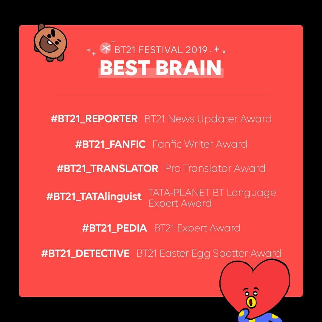 BT21 Stars of tomorrow, UNIVERSTAR!さんのインスタグラム写真 - (BT21 Stars of tomorrow, UNIVERSTAR!Instagram)「The ballots are now open! Tag those who deserve applause. 👏 Self-nominations are welcome! . ✅Select award ✅Tag a persons' ID ✅Add an image, video or link for reference ✅Post on your social media with #BT21_FESTIVAL #BT21 #LOVERSAWARDS  FOR MORE 👉 link in bio」12月12日 18時13分 - bt21_official