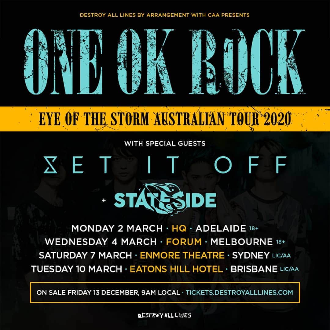 ONE OK ROCKさんのインスタグラム写真 - (ONE OK ROCKInstagram)「To our beloved fans in Australia! Tickets for our tour are on sale Friday 13th, December at 9am local time. Get it now! #oneokrock  http://www.oneokrock.com/en/news/2988」12月12日 17時19分 - oneokrockofficial