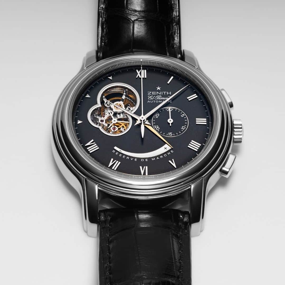 ゼニスのインスタグラム：「#ElPrimero50: A modern El Primero icon, the Grand Chronomaster Open from 2004 was the first Zenith to feature an opening on the dial with a view of the regulating organ and escapement.  #Zenith #TheFirst #Chronograph #ElPrimero #Movement #Horology #SwissMade #1969 #InHouse #Manufacture」