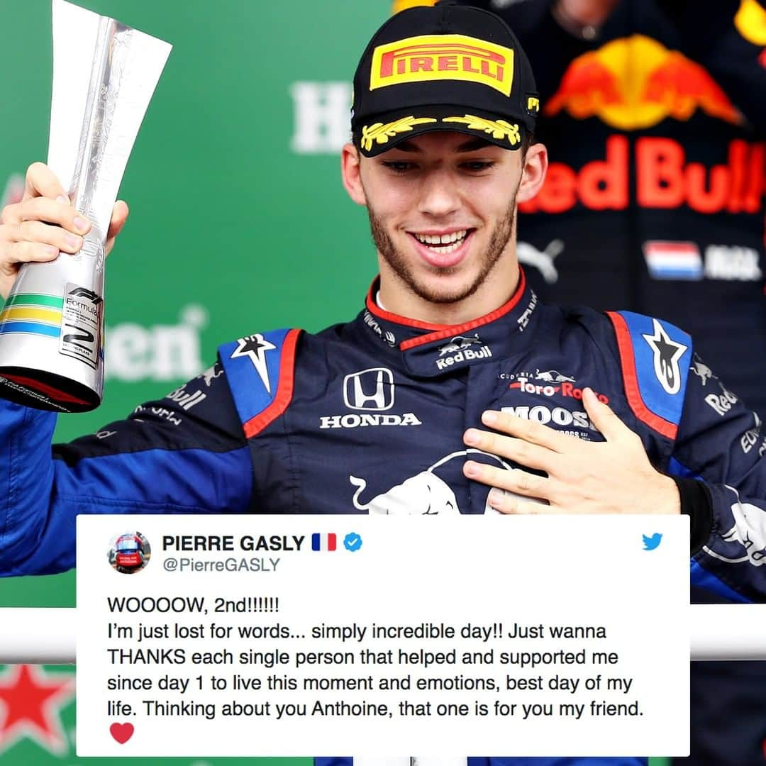 F1さんのインスタグラム写真 - (F1Instagram)「A day that Pierre Gasly will remember for the rest of his days - and a touching tribute to his friend Anthoine Hubert 🙂👊 .  #F1 #Formula1 #BrazilGP #Brasil #SaoPaulo #Brazil #PierreGasly #Gasly #ToroRosso @pierregasly @tororosso」11月18日 17時30分 - f1