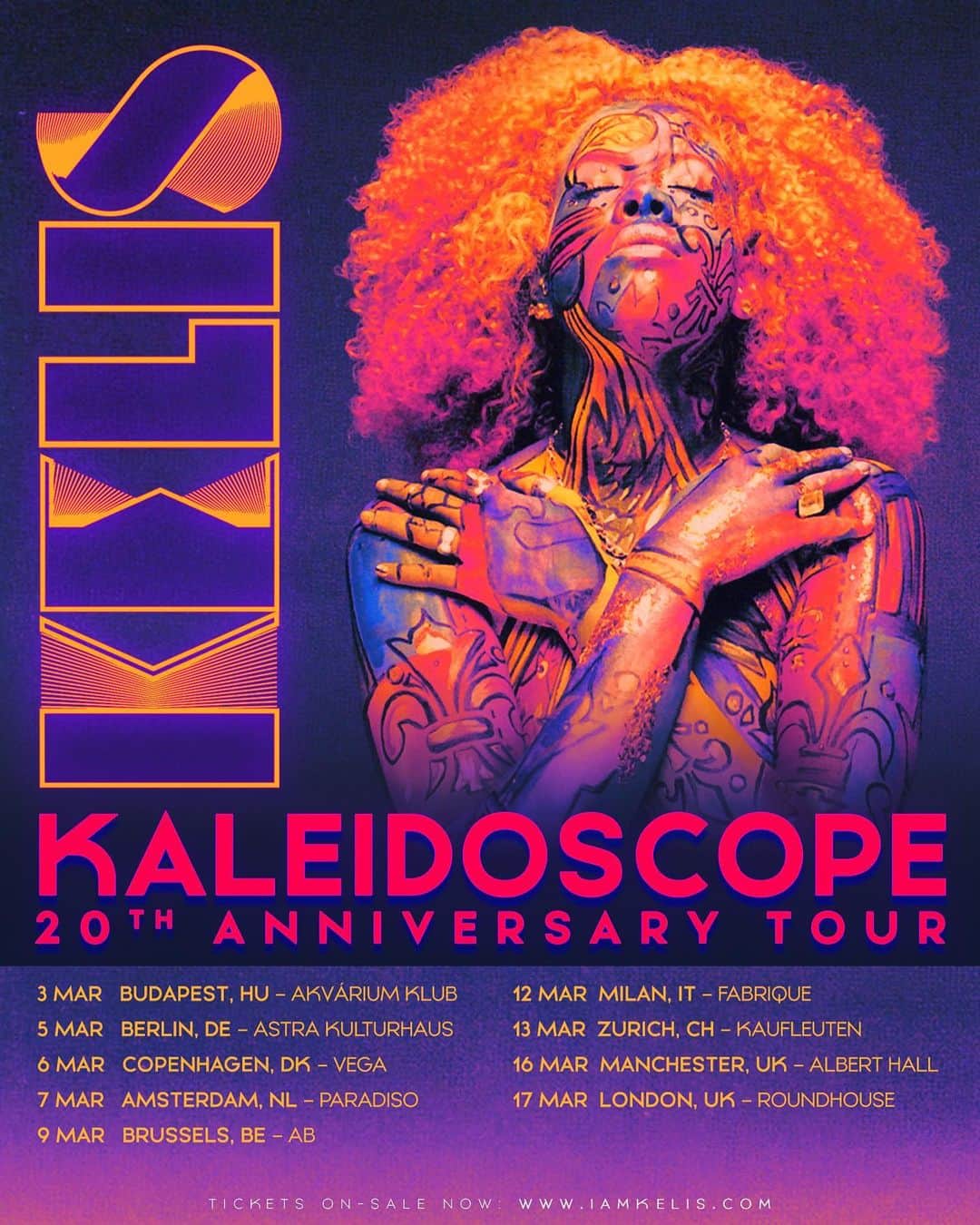 ケリスのインスタグラム：「It's the 20 year anniversary of my first album Kaleidoscope! Hitting the road in Europe to celebrate ❤️ Tickets on sale Friday at 10am CET.」