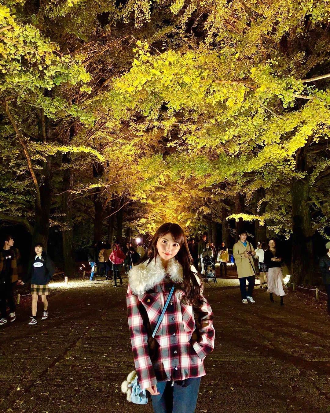 岡田栞奈のインスタグラム：「秋の夜散歩🌙🍁 とっても綺麗でした🥰❤️ 今月24日までやってるみたいなので是非行ってみてくださいっ #国営昭和記念公園 #秋の夜散歩 #2019 #ライトアップ #紅葉 #家族デート #もみじ #黄色 #秋」