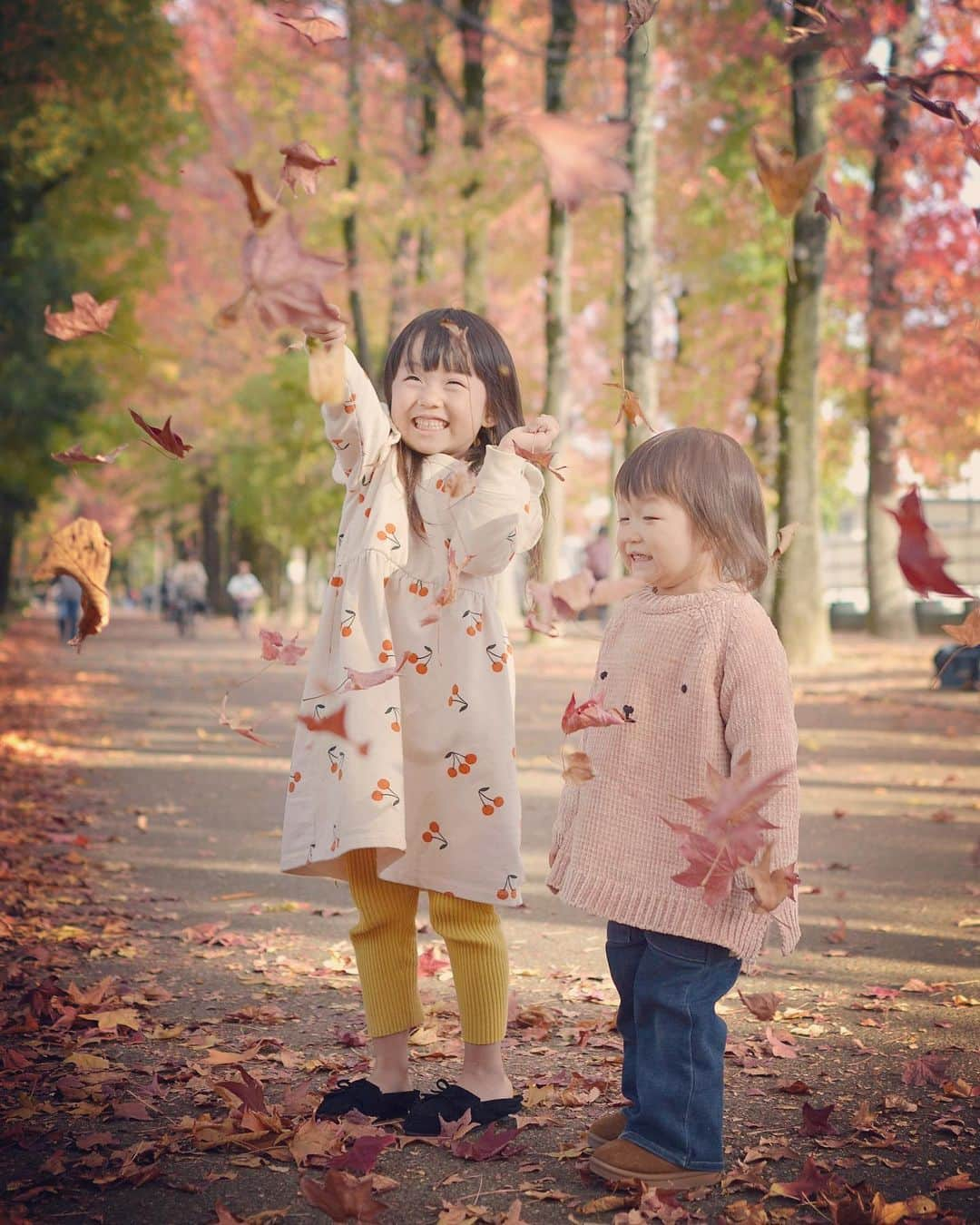 kyokkyのインスタグラム：「昨日は総合公園へ🍁 落ち葉をパッサーと降らせるのが楽しくて何回もやらされて私も楽しかった🍁🤣🍁 待ってる間のキラキラした目がたまらない🤩🤩粉々の葉っぱも目に入りそうで怖かった🍁その後、いいキレイな葉っぱが積もっている場所を見つけ再開😂💕お近くの方是非❣️紅葉がベストタイミング🍁」