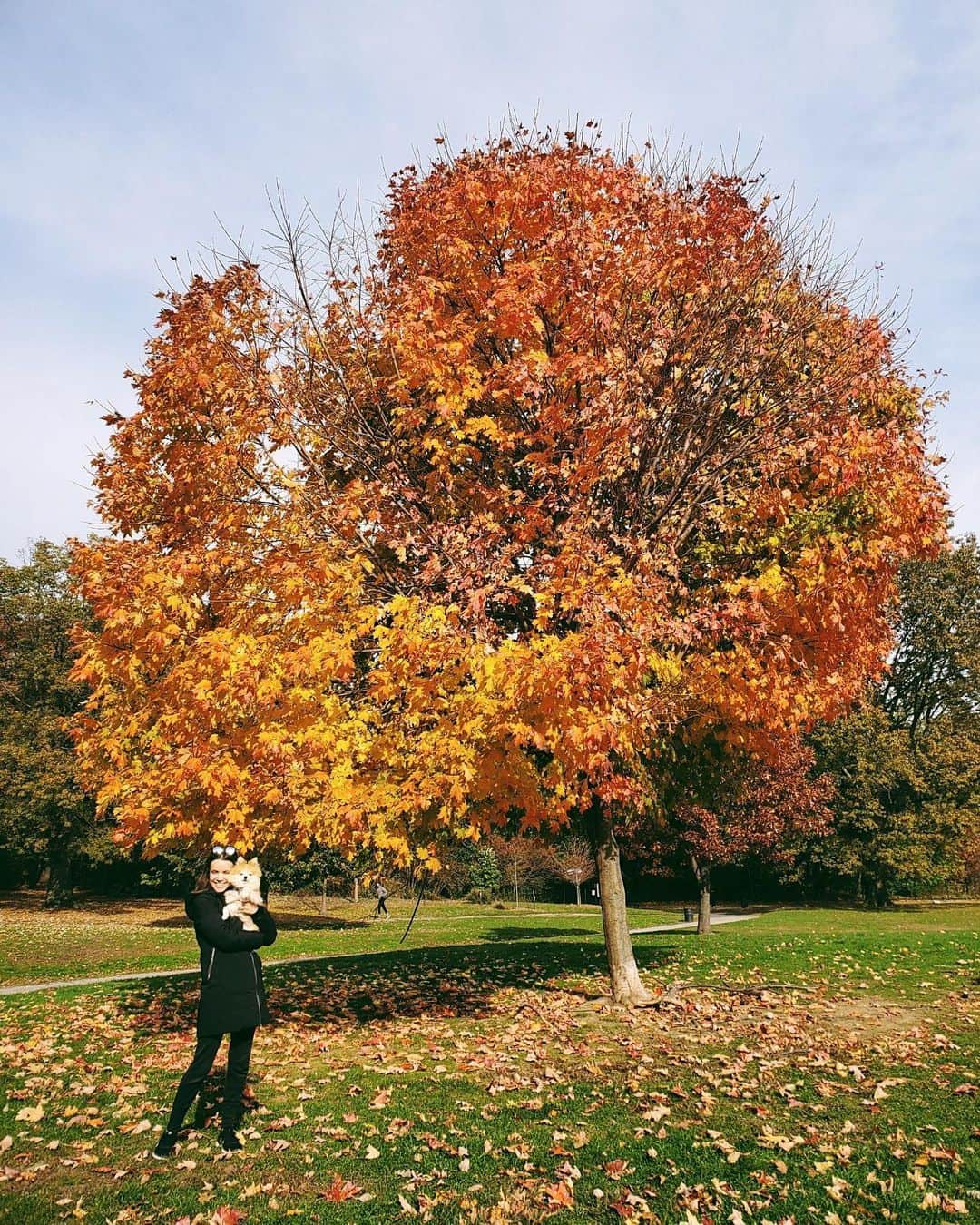 イングリッド・ニールセンのインスタグラム：「Enjoying the last of the fall foliage with my favorite ball of FLOOF! 🥰」