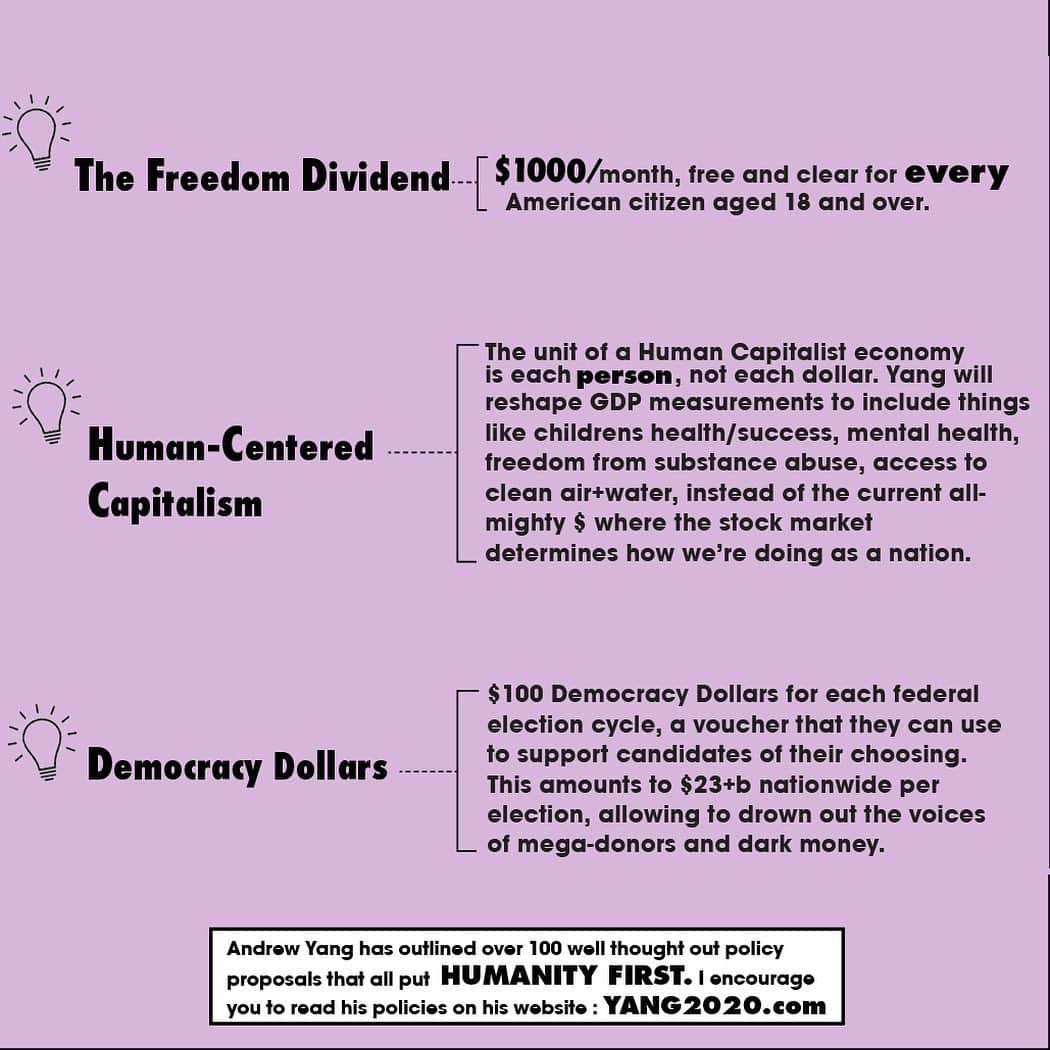 UNIFさんのインスタグラム写真 - (UNIFInstagram)「#YANG2020 #HumanityFirst Tees! It's time to take back the system that has been perverting and distorting the incentives of huge corporations and make it work for us.  Let's dissolve the idea of scarcity that the government has led us to believe and welcome a new path forward as technology threatens the jobs of 1 of 3 Americans.  The accumulation of wealth needs to overflow into this country not by having the government gate-keep the wealth but by inserting the flow directly into the hands of the people.  The power to better our lives should lay in our own hands. Vote for the #FreedomDividend = #UniversalBasicIncome $1000/month to every American adult age 18 until the day you die to stop the downward spiral of growing income inequality, poverty, unemployment, and hopelessness. Together we can create a healthier society and a virtuous cycle of wealth. 100% of sales including cost will go to the campaign.  graphic by:  @dreams__ps」11月19日 7時27分 - unif