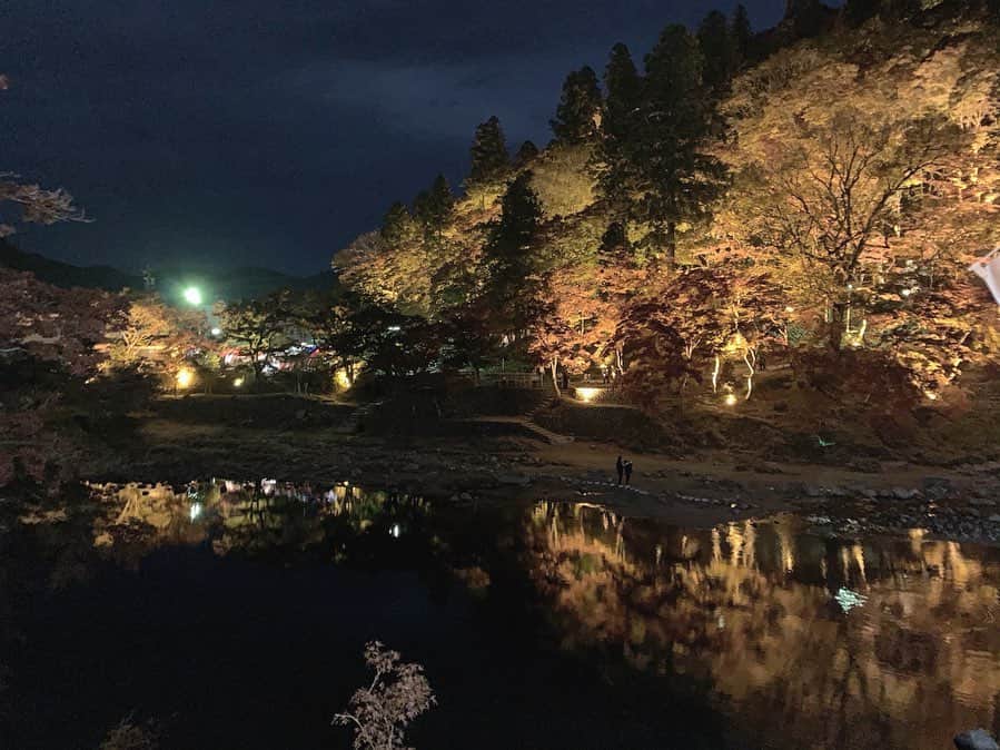 野村明日香のインスタグラム：「﻿ 昨日の香嵐渓最高すぎだった🍁🤩﻿ こすんとデート❤︎ ﻿ ﻿ #香嵐渓 #愛知 #豊田 #紅葉 #ライトアップ #食べ歩き #紅葉狩り #秋 #五平餅 ﻿」