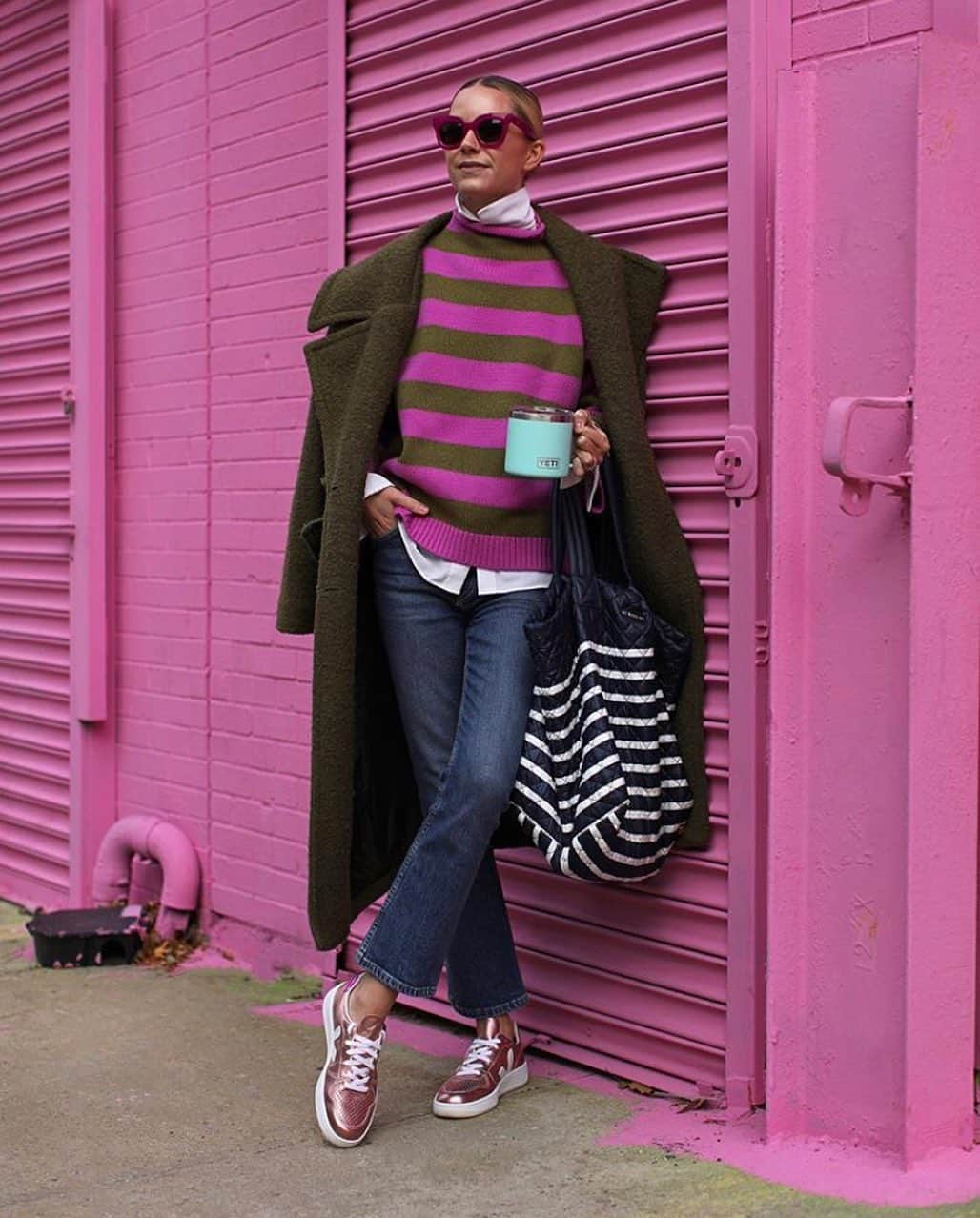 のインスタグラム：「Blair in our Minnie Sweater 💗💖💗 #regram #demylee #sweater #veja #sneakers #striped #bag #mzwallacenyc #sunglasses #accessories #lapima #brooklyn #style」