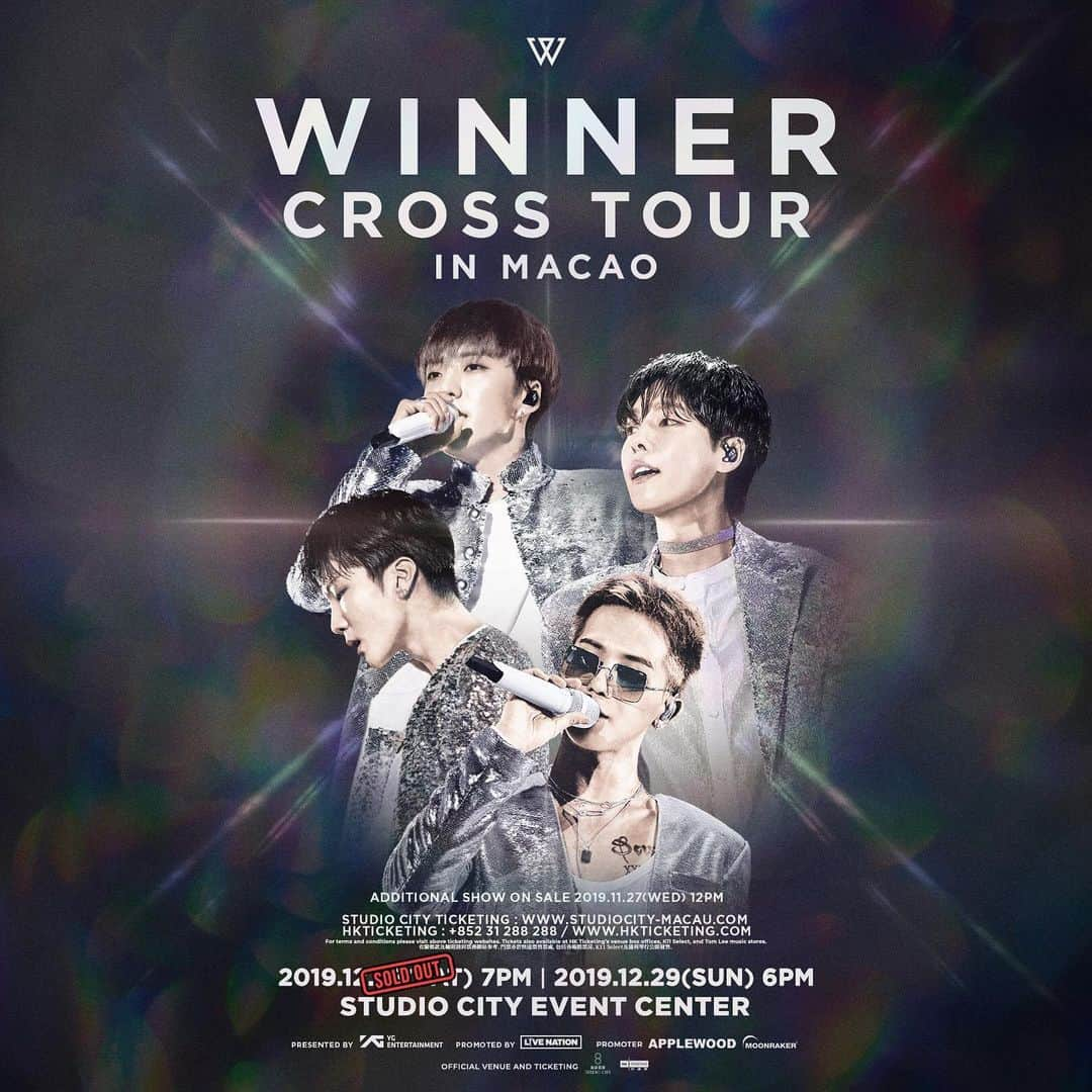 WINNERさんのインスタグラム写真 - (WINNERInstagram)「[➕CROSSTOUR✖️] IN MACAO ⠀ Here comes a good news! DEC 29th show is added 💙 ⠀ ✚ DATE: 2019. 12. 28 SAT 7PM ✖️ 12. 29 SUN 6PM ✚ VENUE: STUDIO CITY EVENT CENTER ✚ ADDITIONAL TICKET OPEN: 2019. 11. 27 WED 12PM ⠀ TOUR INFO > https://ygfamily.com/event/WINNER/CROSSTOUR ⠀ #WINNER #위너 #CROSS_TOUR #CROSSTOUR_IN_MACAO #APPLEWOOD #MOONRAKER #LIVENATION #YG」11月20日 16時00分 - winnercity