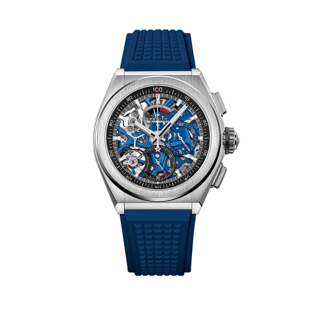 ゼニスのインスタグラム：「#Defy21: Blue to the core: DEFY 21 in Titanium with an open dial revealing the blue-treated El Primero 21 movement.  #Zenith #ZenithWatches #Watches #Watch #Titanium #Blue #Watchesofinstagram #Watchfam #WatchoftheDay #Luxury #WatchAddict #Watchcollector #Horology #DailyWatch #ElPrimero #Chronograph」